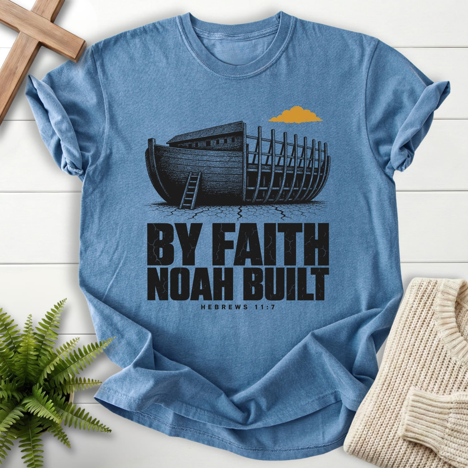 Blue Jean color option for the By Faith Noah Built Dark 11 7 tee with "By Faith Noah Built Hebrews 11 7 T-Shirt" Hebrews 11:7 from Printify.