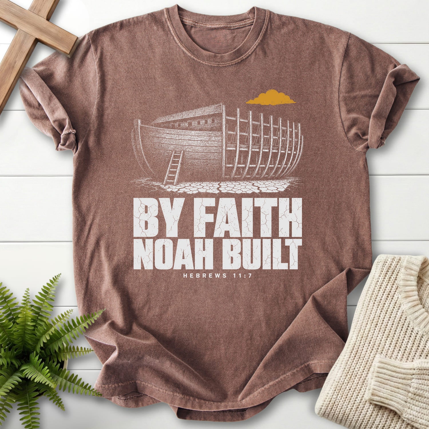 Espresso color option for the By Faith Noah Built Dark 11 7 Christian graphic tee with "By Faith Noah Built Hebrews 11 7 T-Shirt" Hebrews 11:7.
