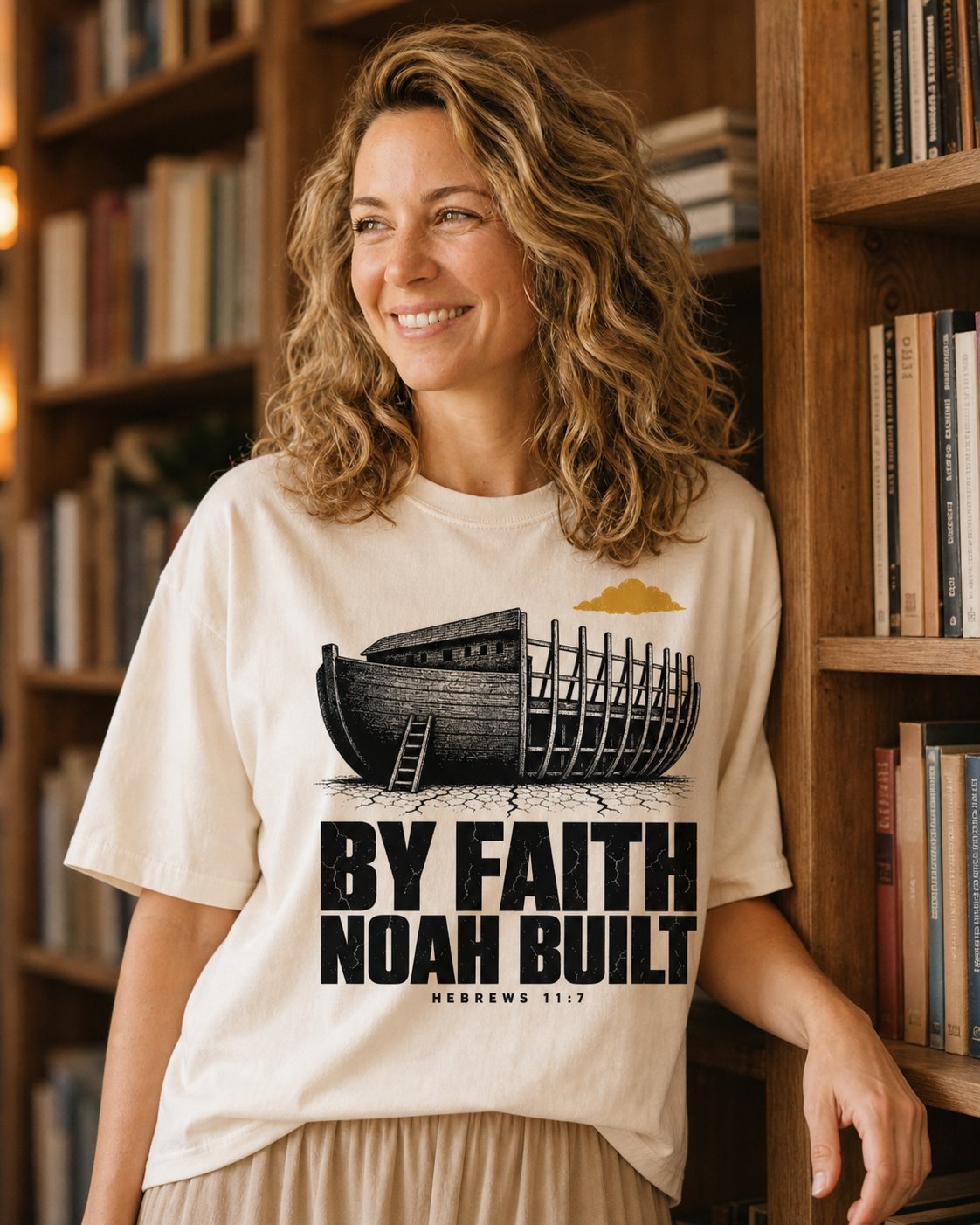 By Faith Noah Built Hebrews 11:7 – Ivory women's Christian tee, lifestyle photo in cozy reading nook – Woodcut half-built ark on cracked earth – Hebrews 11:7 – She Wears Faith