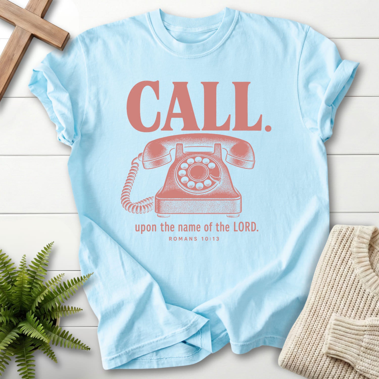 Chambray color option for the Call Upon the Name of the Lord Christian shirt with "Call Upon the Name of the Lord T-Shirt" Romans 10:13.