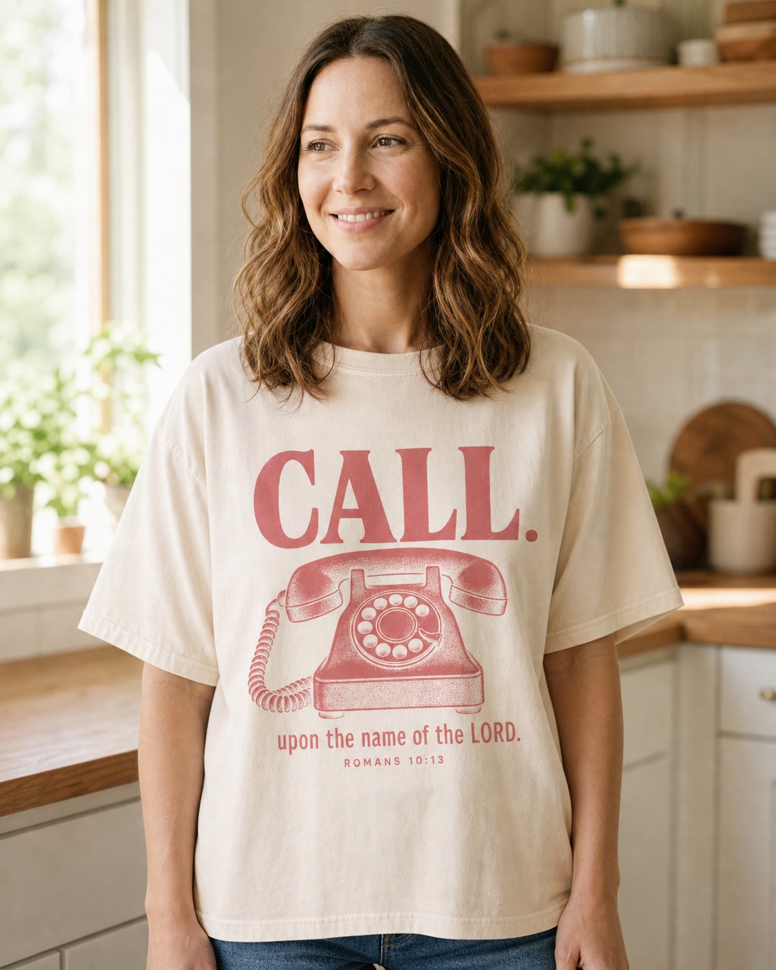 Call Upon the Name of the Lord – Ivory women's Christian tee, lifestyle photo in morning kitchen setting – Vintage rotary telephone with bold CALL lettering – Romans 10:13 – She Wears Faith
