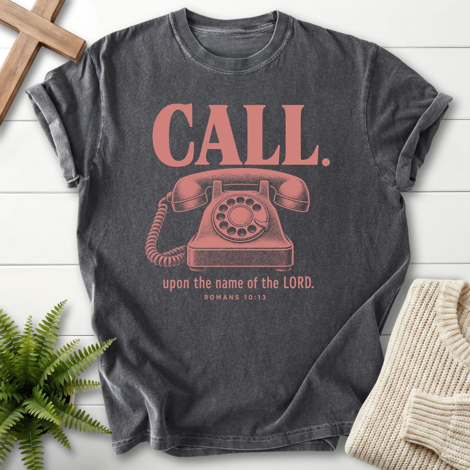 Pepper color option for the Call Upon the Name of the Lord Scripture shirt with "Call Upon the Name of the Lord T-Shirt" Romans 10:13.