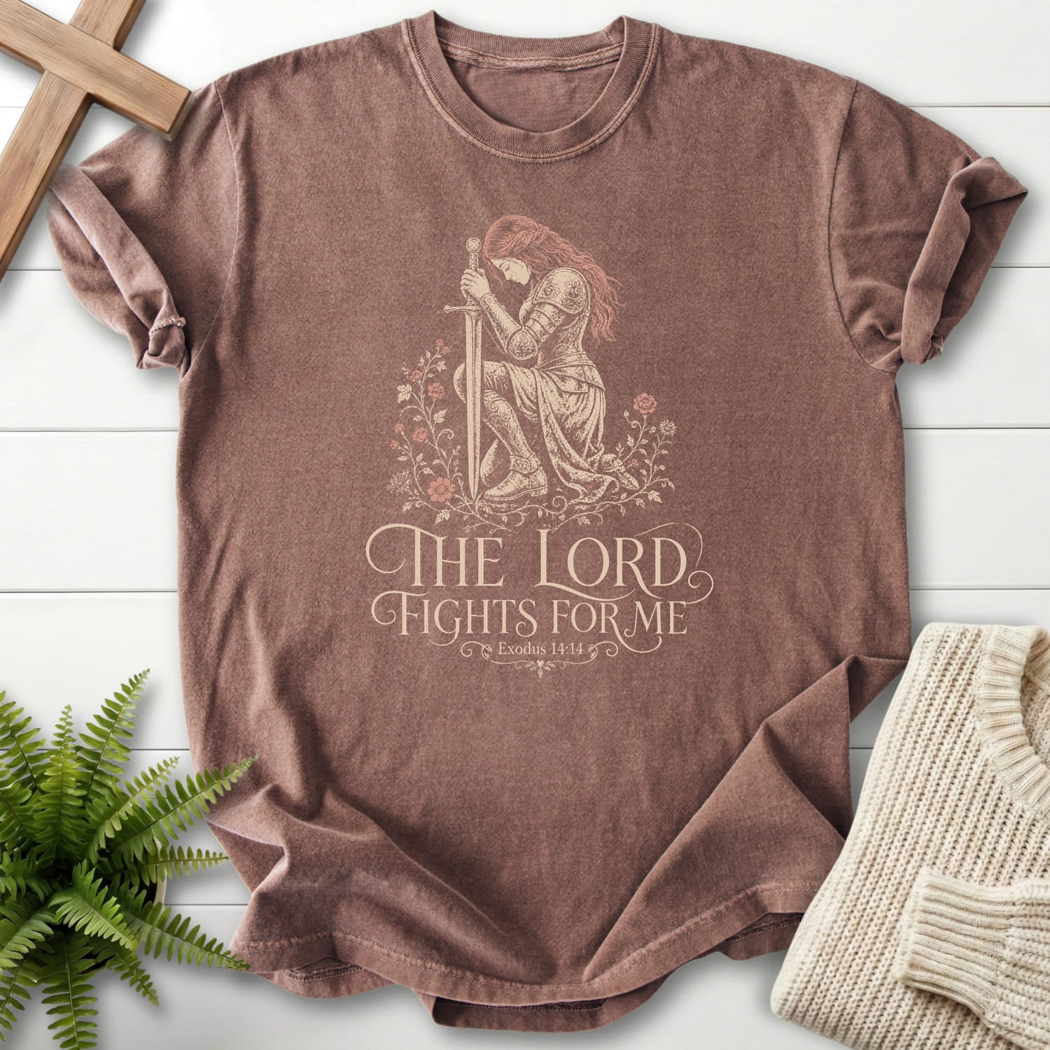 Espresso color option for the The LORD Fights For Me tee with floral line art with "The LORD Fights For Me T-Shirt" Exodus 14:14 from Printify.