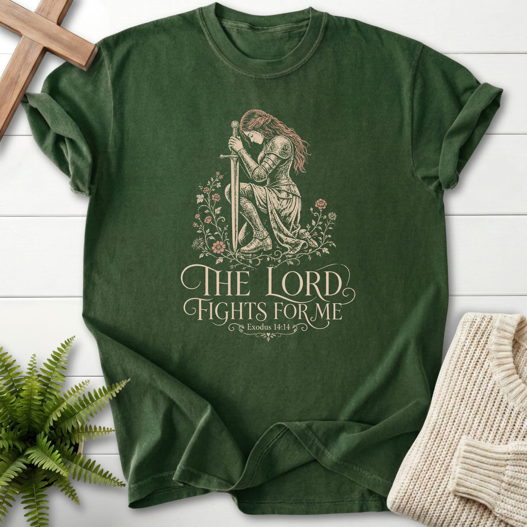 Flat lay of a Hemp Comfort Colors 1717 garment-dyed Christian tee featuring floral line art with "The LORD Fights For Me T-Shirt" Exodus 14:14.
