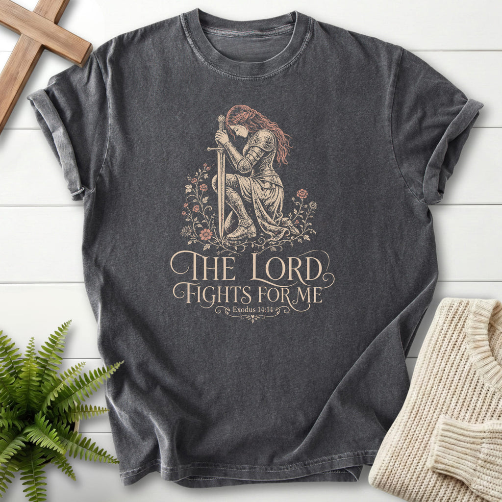 Pepper color option for the The LORD Fights For Me women's Christian tee with floral line art with "The LORD Fights For Me T-Shirt" Exodus 14:14.