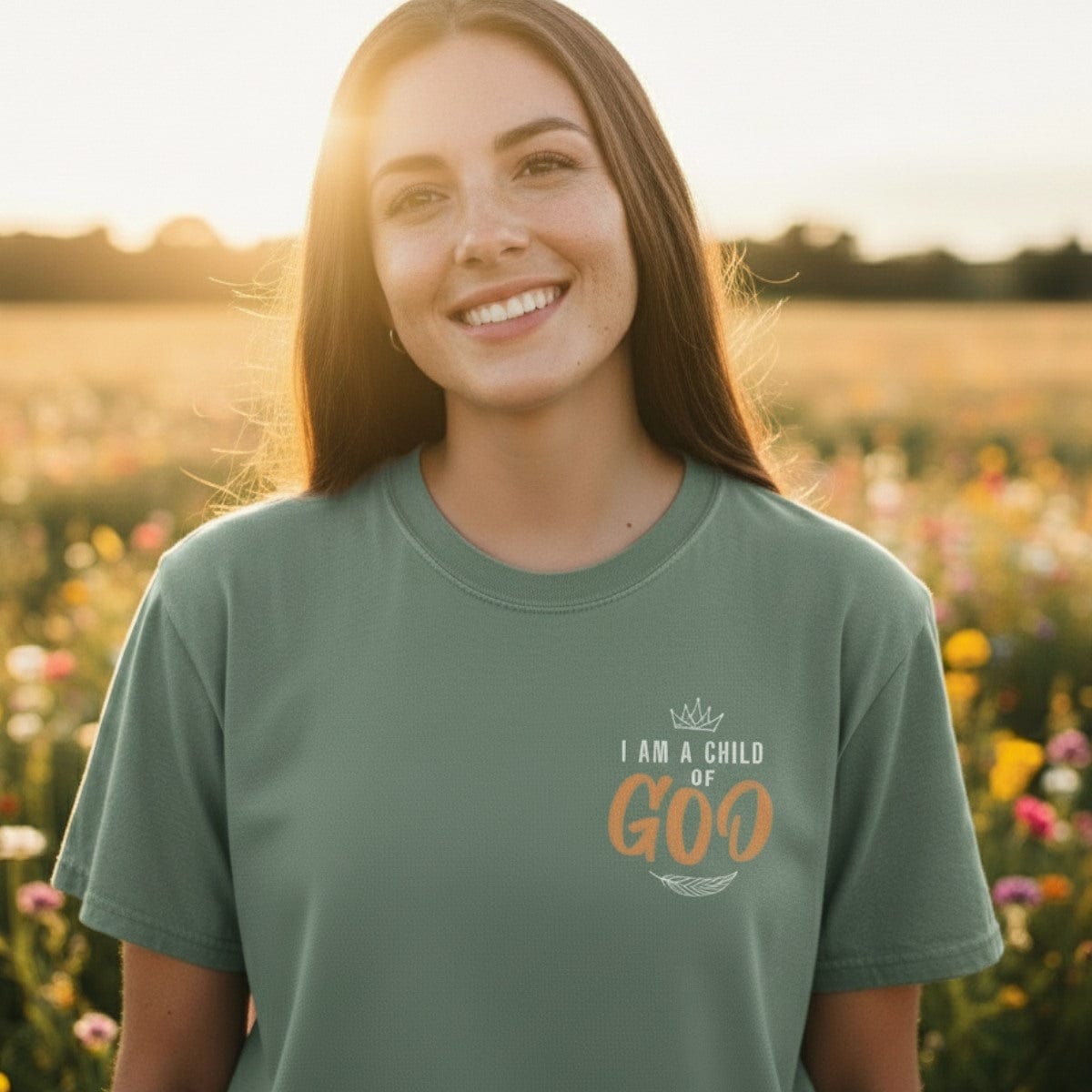 miling woman standing in a sunlit field wearing a Comfort Colors 1717 moss green “I Am a Child of God” t-shirt. A joyful women’s scripture tee — uplifting faith-based apparel for women and stylish modern Christian shirt, ideal for Christian mom gift ideas.