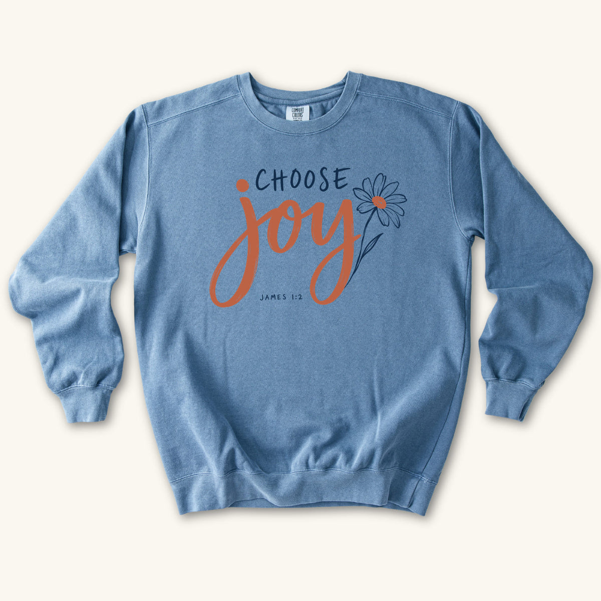 Blue Jean Choose Joy Floral Script sweatshirt flat lay mockup, James 1:2 Christian apparel for women