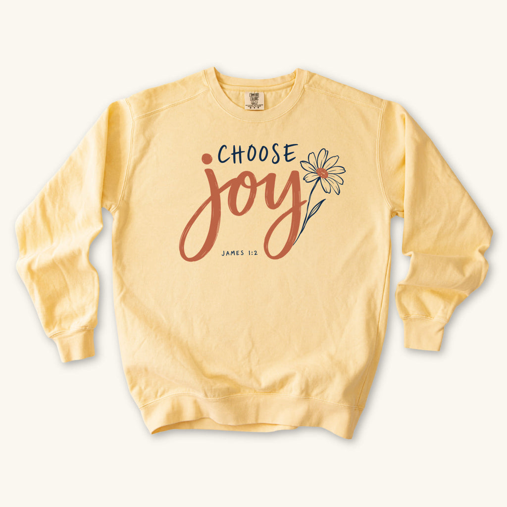 Butter Choose Joy Floral Script sweatshirt flat lay mockup, James 1:2 Christian apparel for women