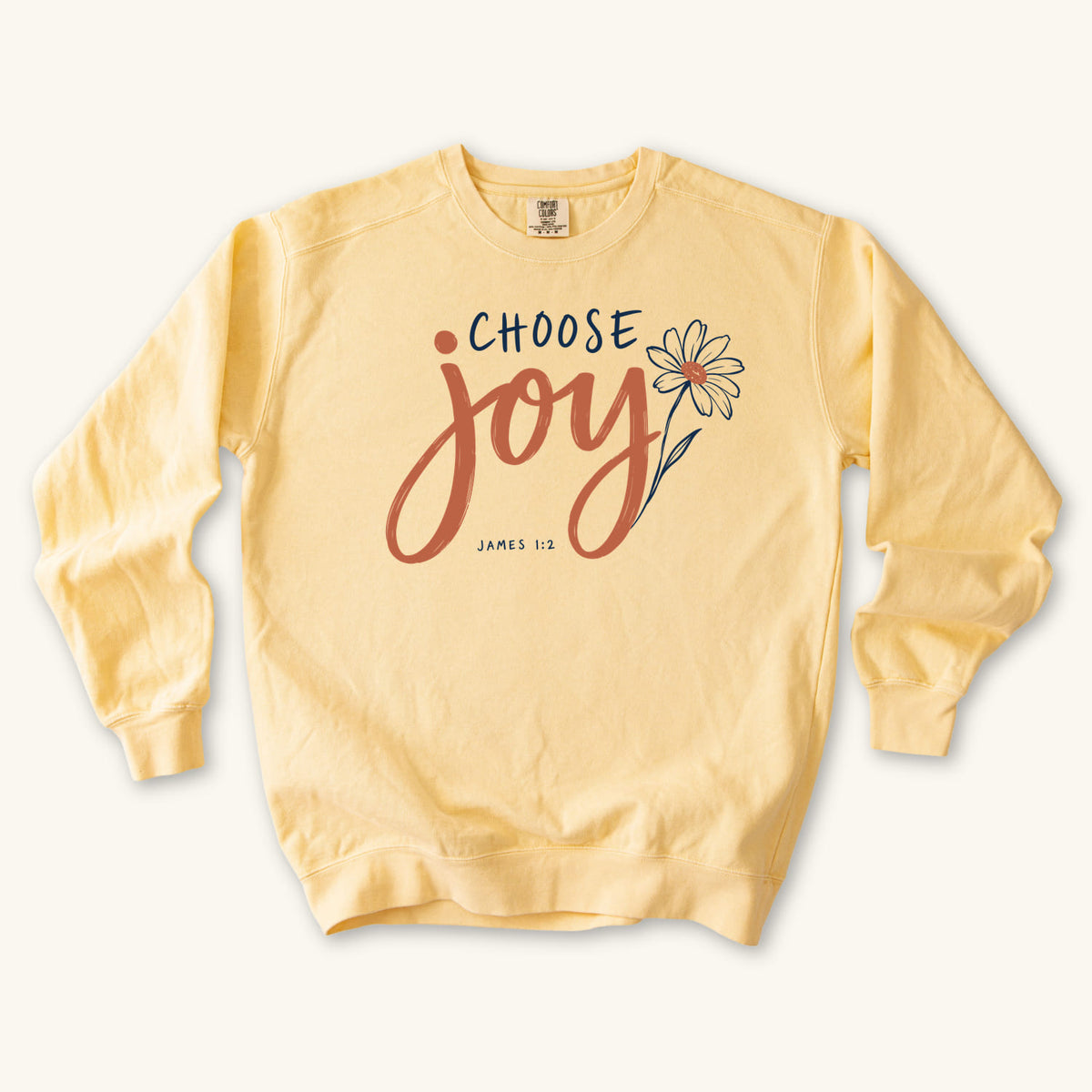 Butter Choose Joy Floral Script sweatshirt flat lay mockup, James 1:2 Christian apparel for women