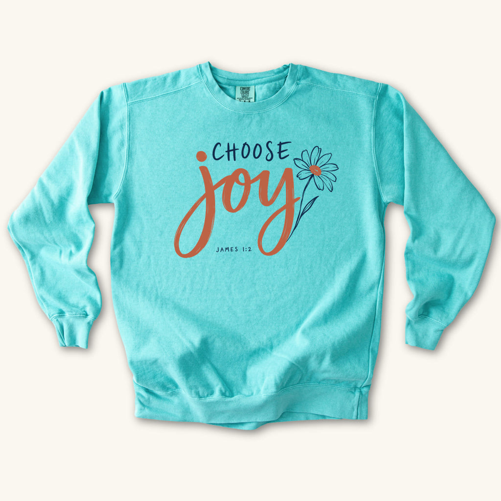 Chalky Mint Choose Joy Floral Script sweatshirt flat lay mockup, James 1:2 Christian apparel for women
