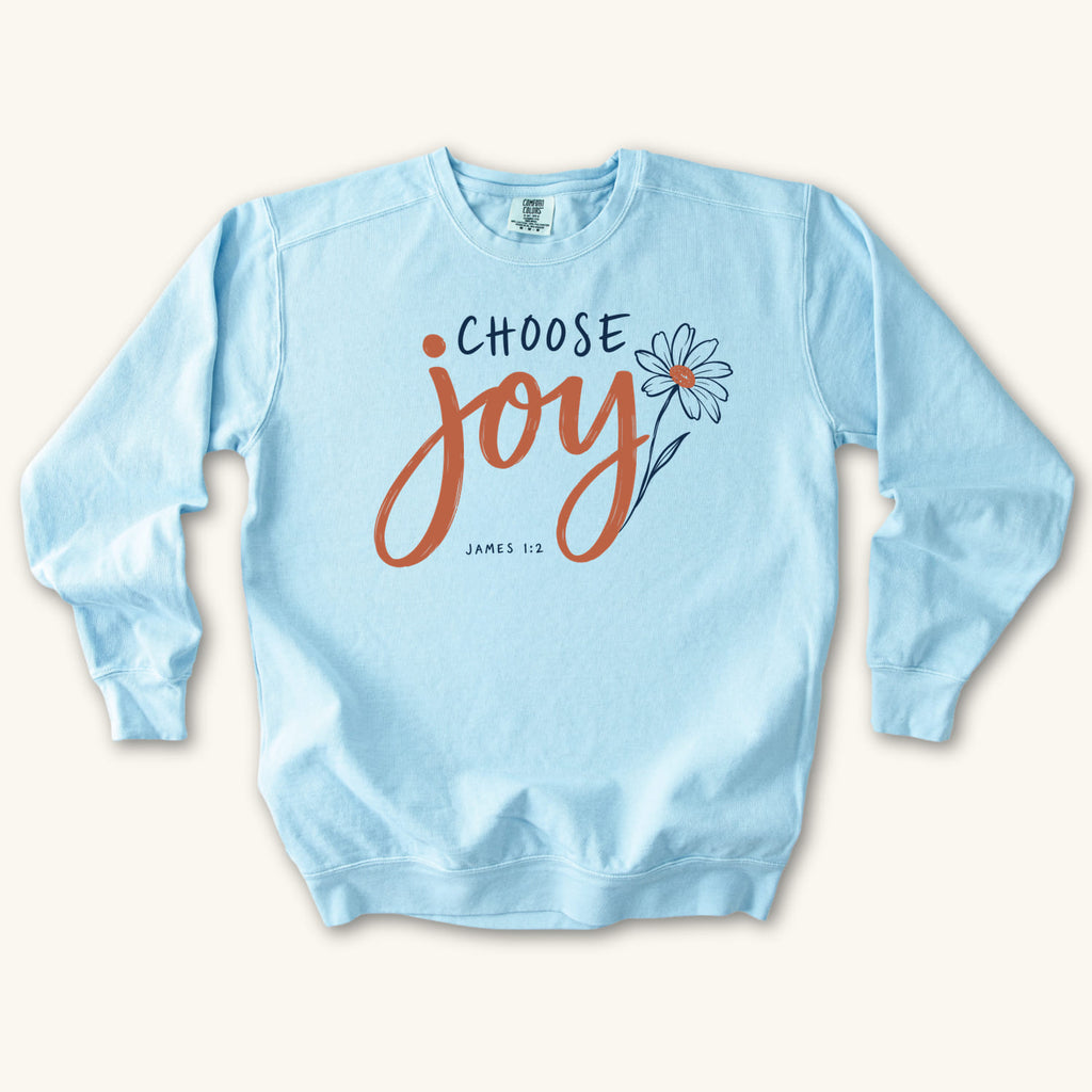 Chambray Choose Joy Floral Script sweatshirt flat lay mockup, James 1:2 Christian apparel for women