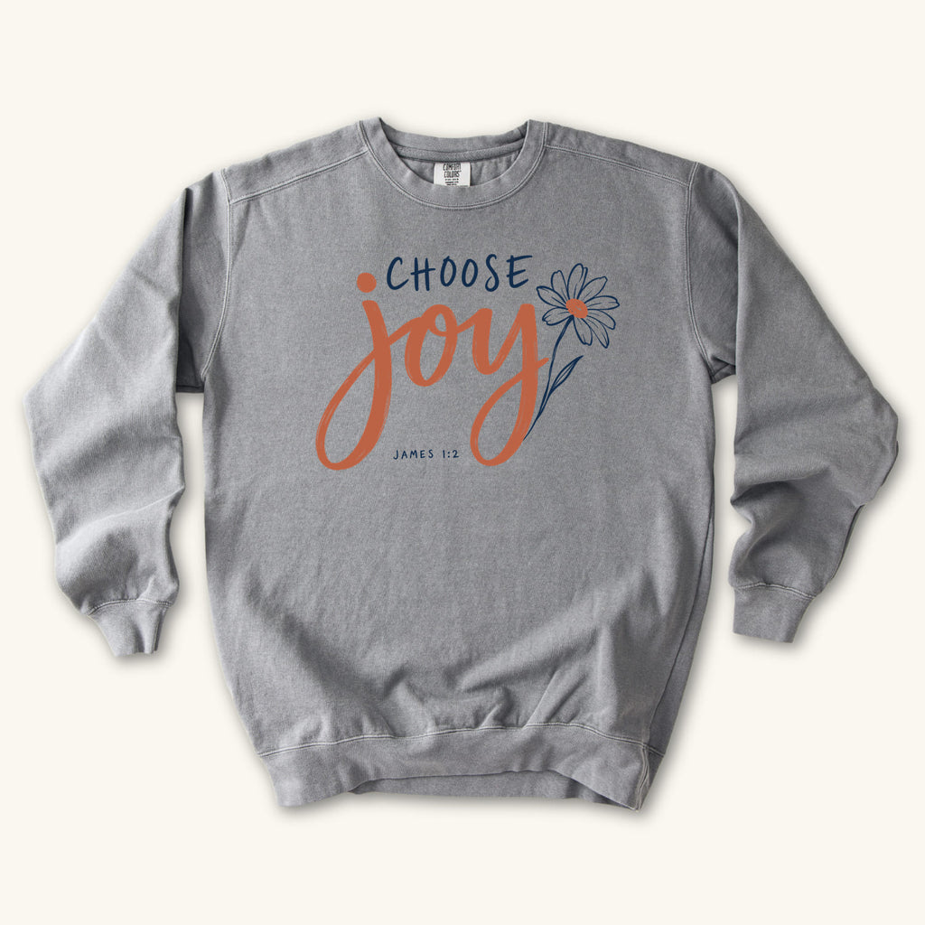 Grey Choose Joy Floral Script sweatshirt flat lay mockup, James 1:2 Christian apparel for women