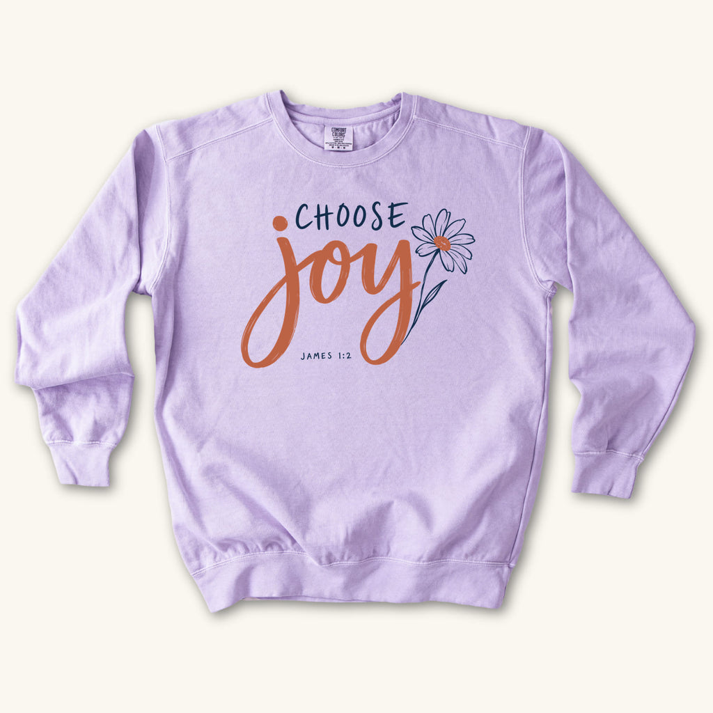 Orchid Choose Joy Floral Script sweatshirt flat lay mockup, James 1:2 Christian apparel for women
