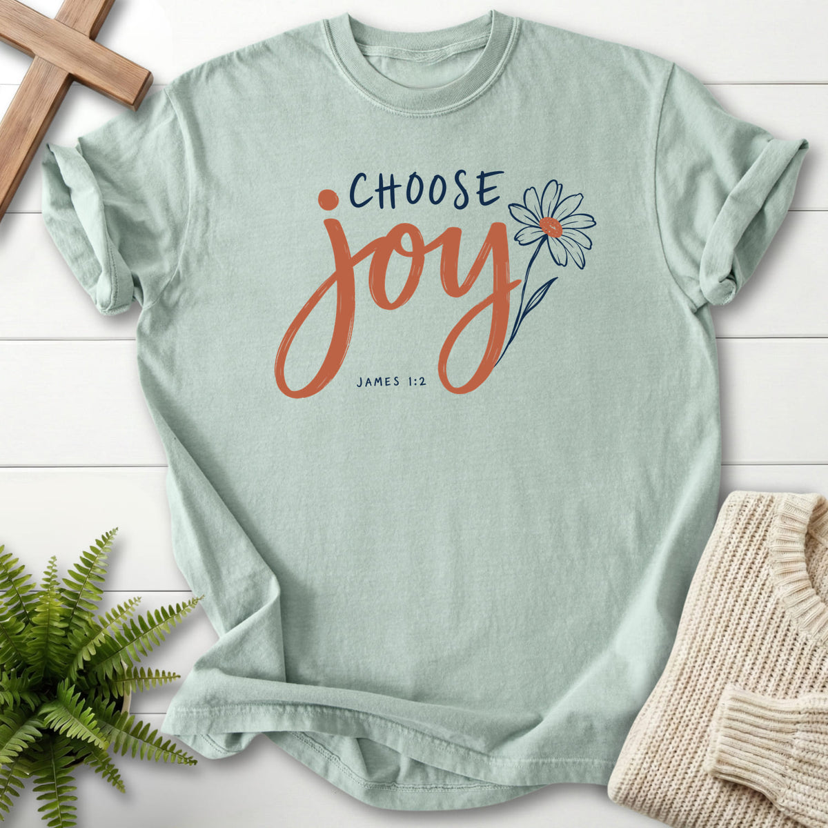 Bay Choose Joy Floral Script T-shirt flat lay mockup, James 1:2 Christian apparel for women