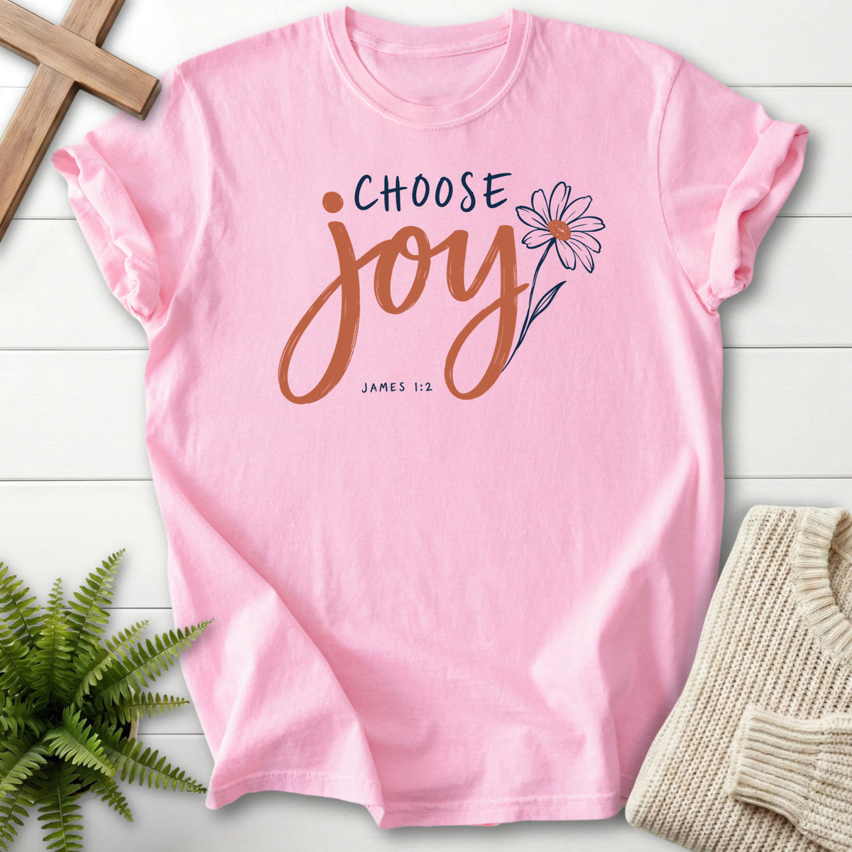 Blossom Choose Joy Floral Script T-shirt flat lay mockup, James 1:2 Christian apparel for women