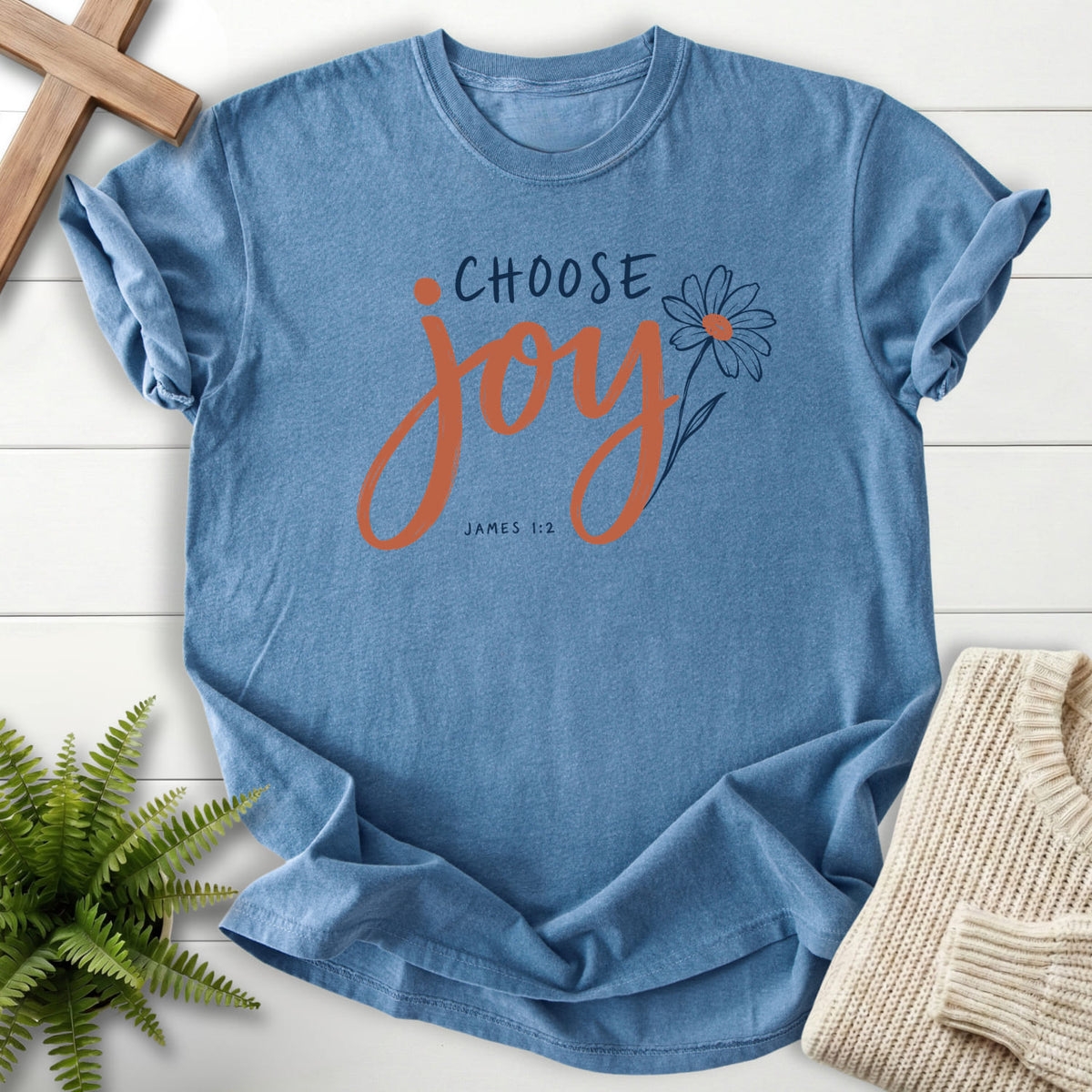Blue Jean Choose Joy Floral Script T-shirt flat lay mockup, James 1:2 Christian apparel for women