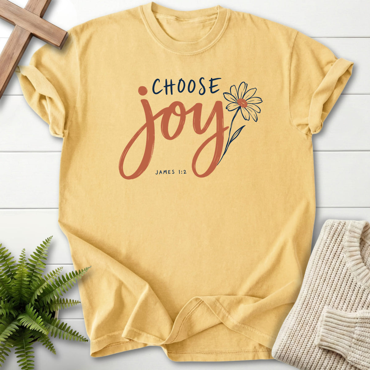 Butter Choose Joy Floral Script T-shirt flat lay mockup, James 1:2 Christian apparel for women