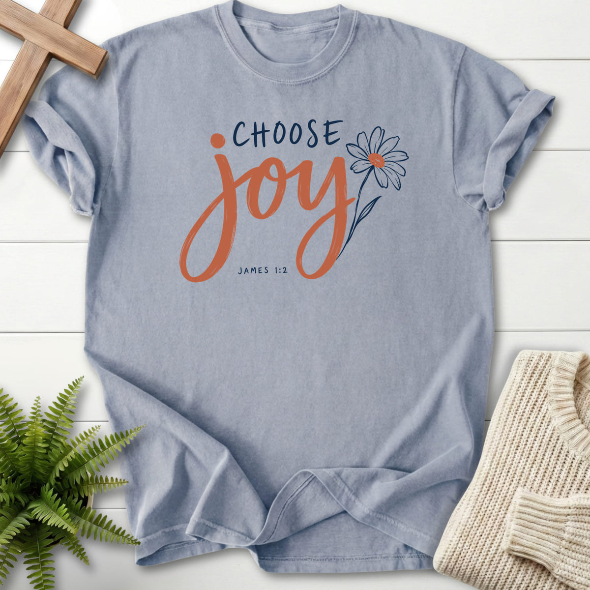 Granite Choose Joy Floral Script T-shirt flat lay mockup, James 1:2 Christian apparel for women