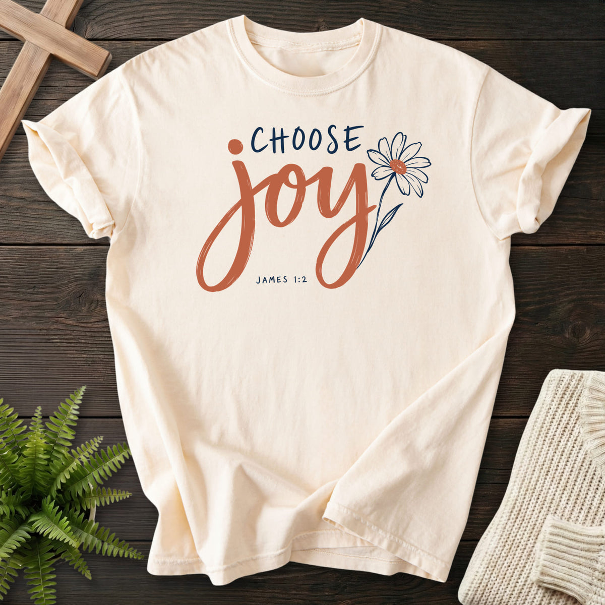 Ivory Choose Joy Floral Script T-shirt flat lay mockup, James 1:2 Christian apparel for women