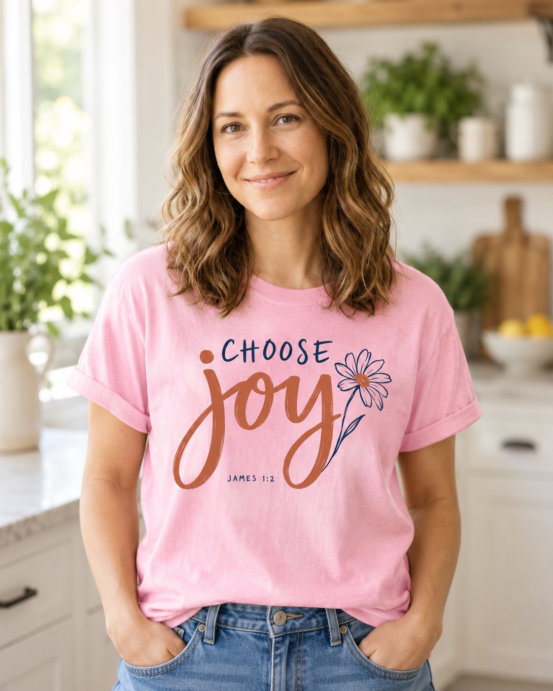 Choose Joy Floral Script, Blossom women's Christian tee, lifestyle photo in morning kitchen setting, Choose Joy script lettering with a daisy outline, She Wears Faith