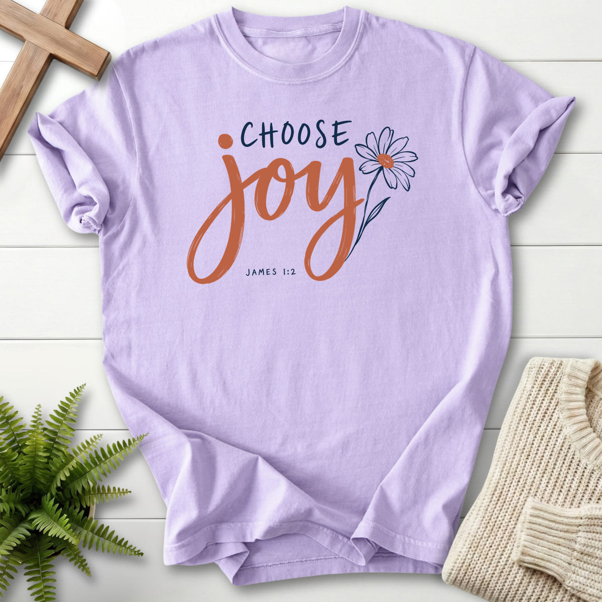 Orchid Choose Joy Floral Script T-shirt flat lay mockup, James 1:2 Christian apparel for women