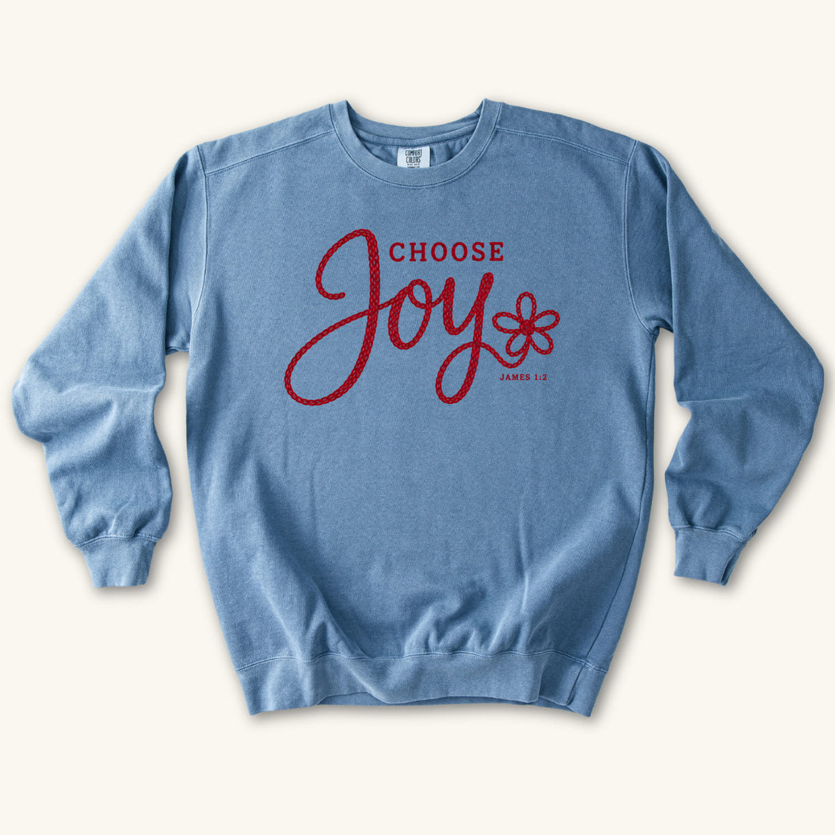 Blue Jean Choose Joy Knitted Lettering sweatshirt flat lay mockup, James 1:2 Christian apparel for women
