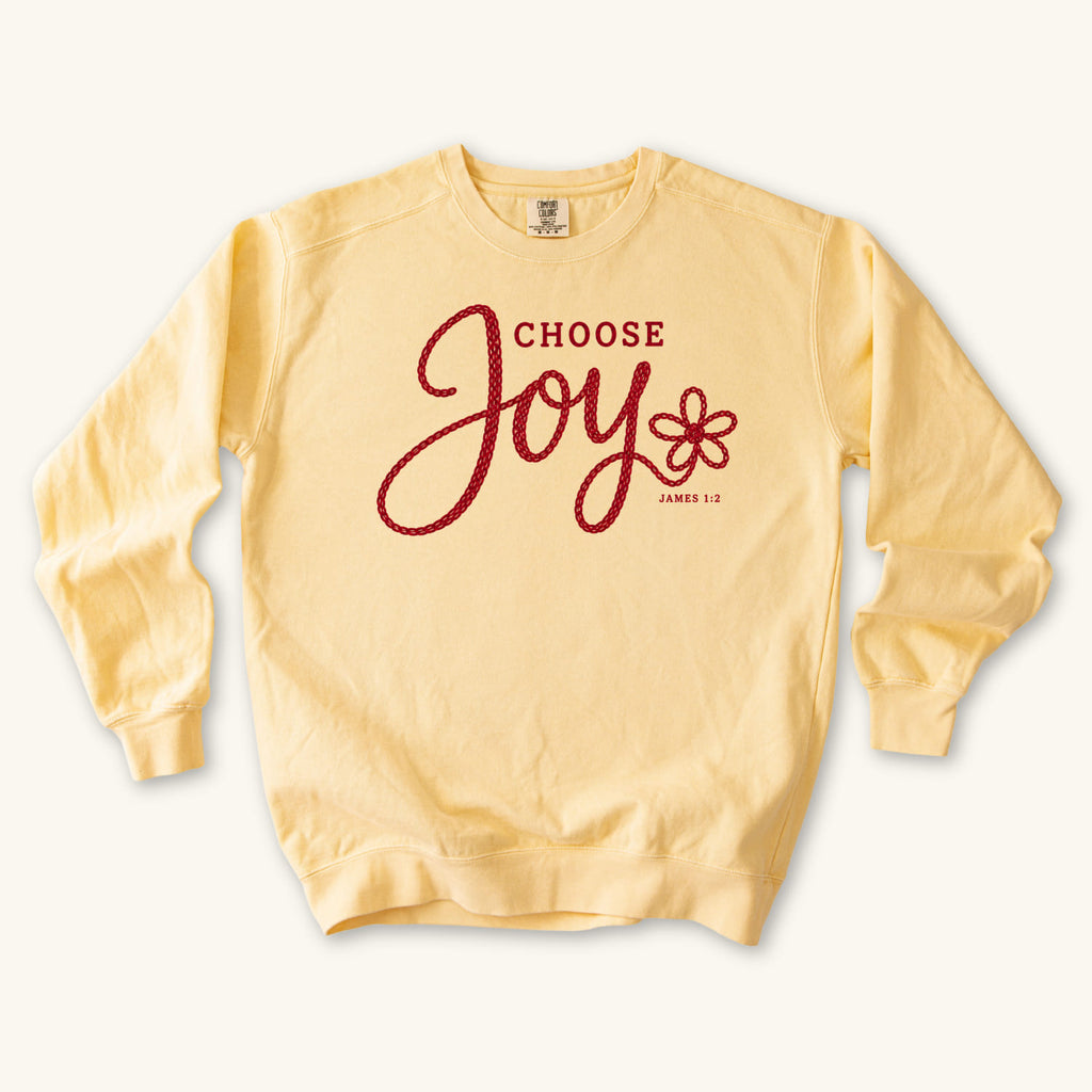 Butter Choose Joy Knitted Lettering sweatshirt flat lay mockup, James 1:2 Christian apparel for women