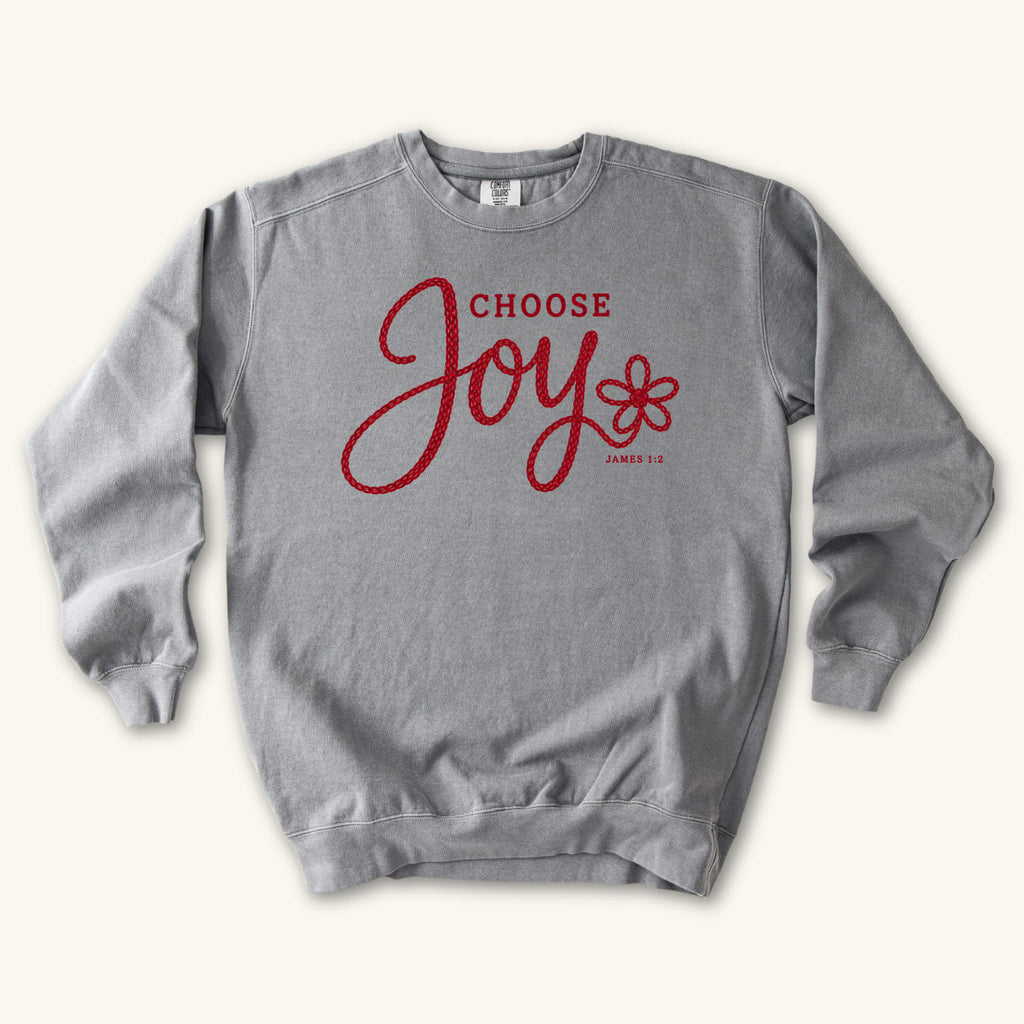 Grey Choose Joy Knitted Lettering sweatshirt flat lay mockup, James 1:2 Christian apparel for women