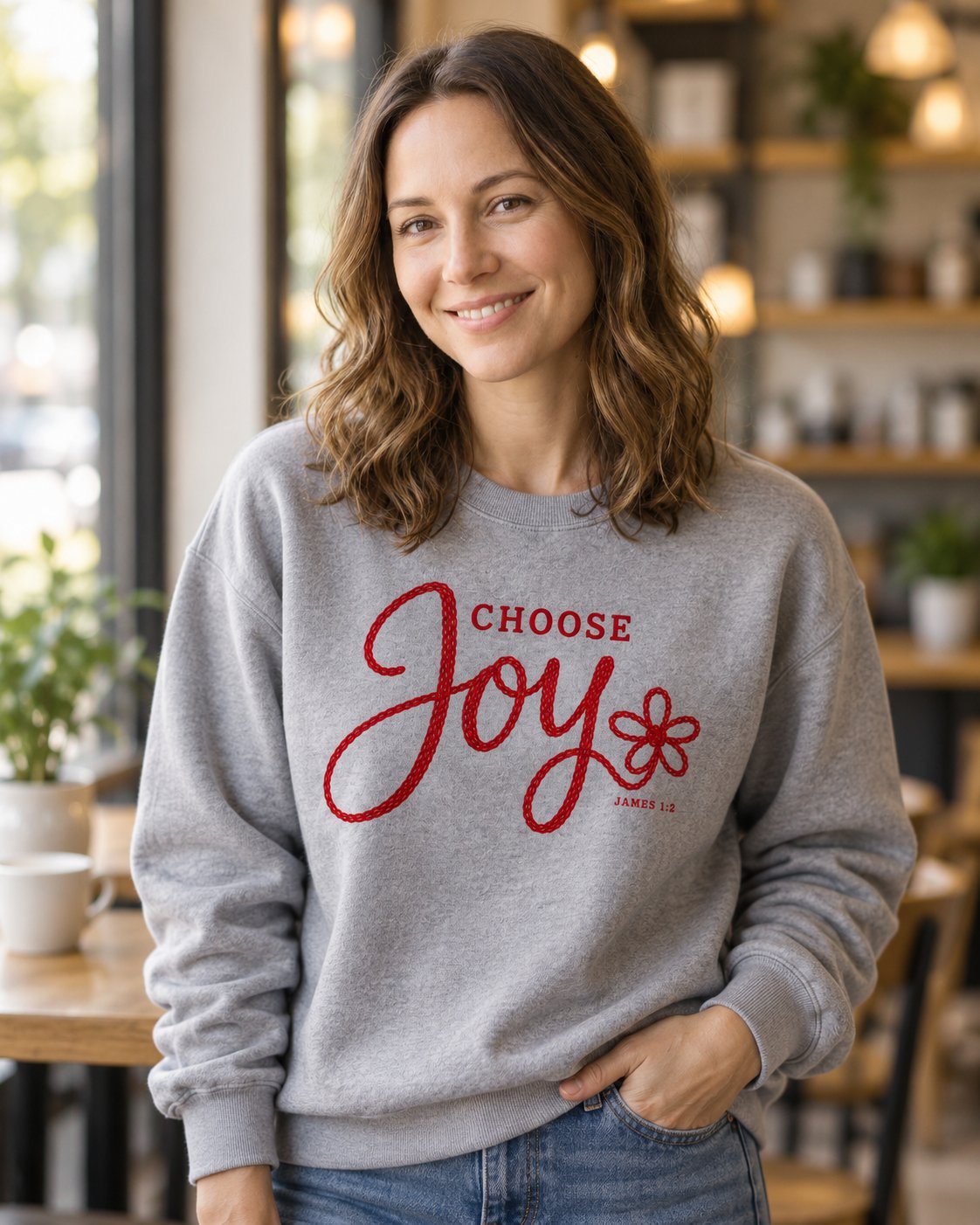 Choose Joy Knitted Lettering, Grey women's Christian sweatshirt, lifestyle photo in cozy cafe, Red knitted style CHOOSE Joy script with a flower, She Wears Faith