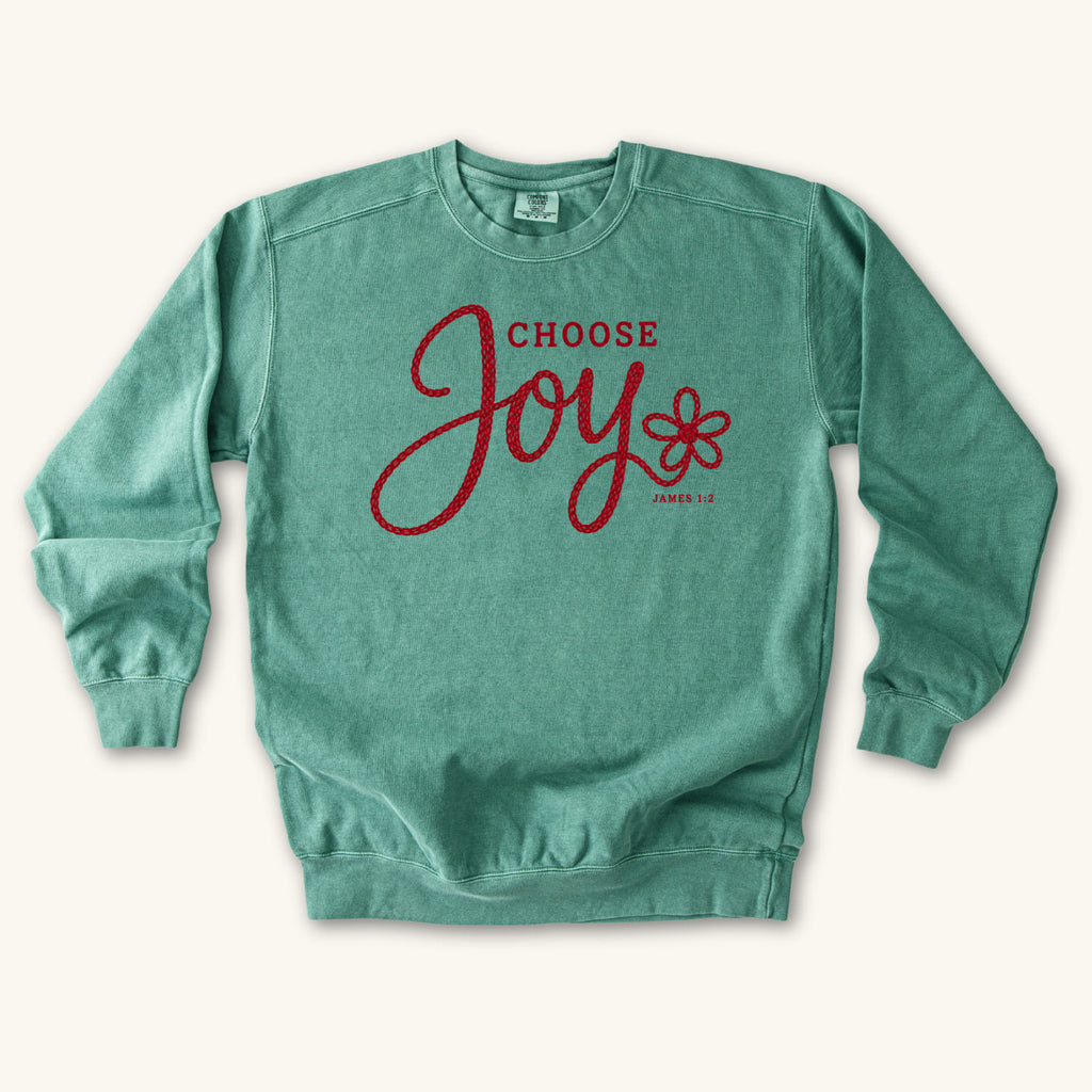Light Green Choose Joy Knitted Lettering sweatshirt flat lay mockup, James 1:2 Christian apparel for women
