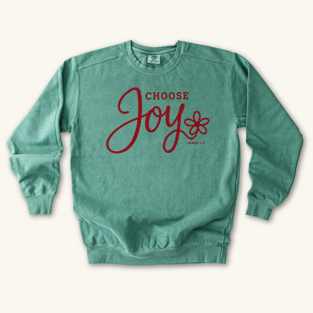 Light Green Choose Joy Knitted Lettering sweatshirt flat lay mockup, James 1:2 Christian apparel for women