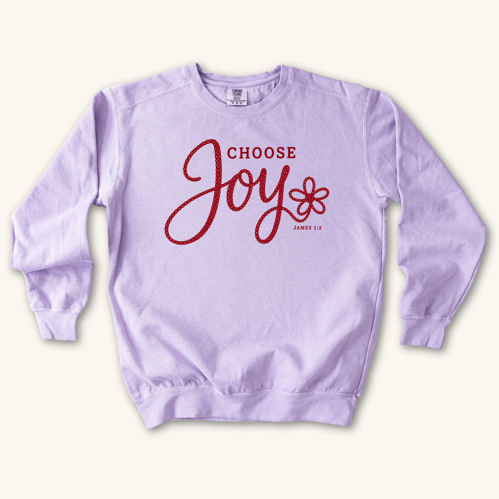 Orchid Choose Joy Knitted Lettering sweatshirt flat lay mockup, James 1:2 Christian apparel for women