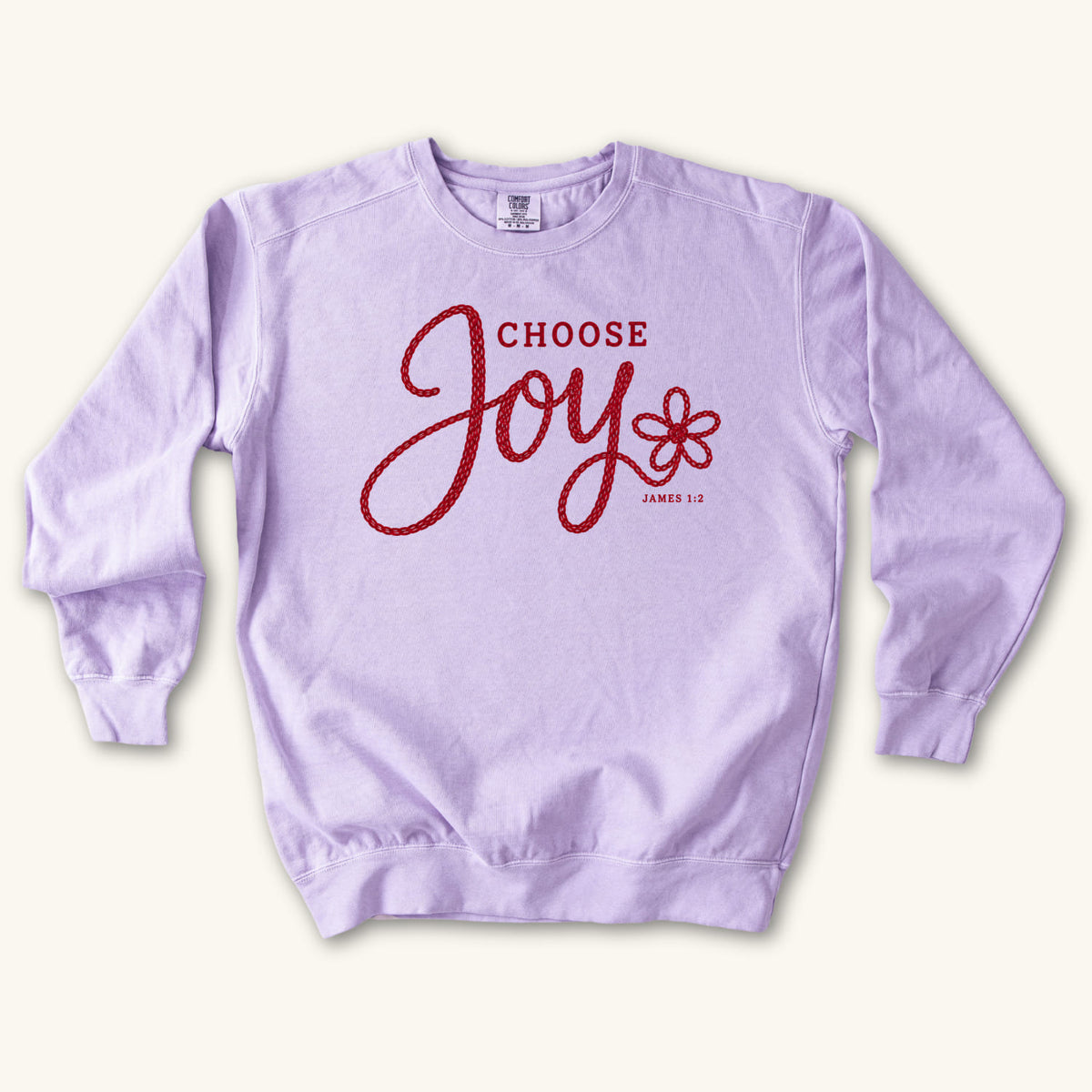 Orchid Choose Joy Knitted Lettering sweatshirt flat lay mockup, James 1:2 Christian apparel for women