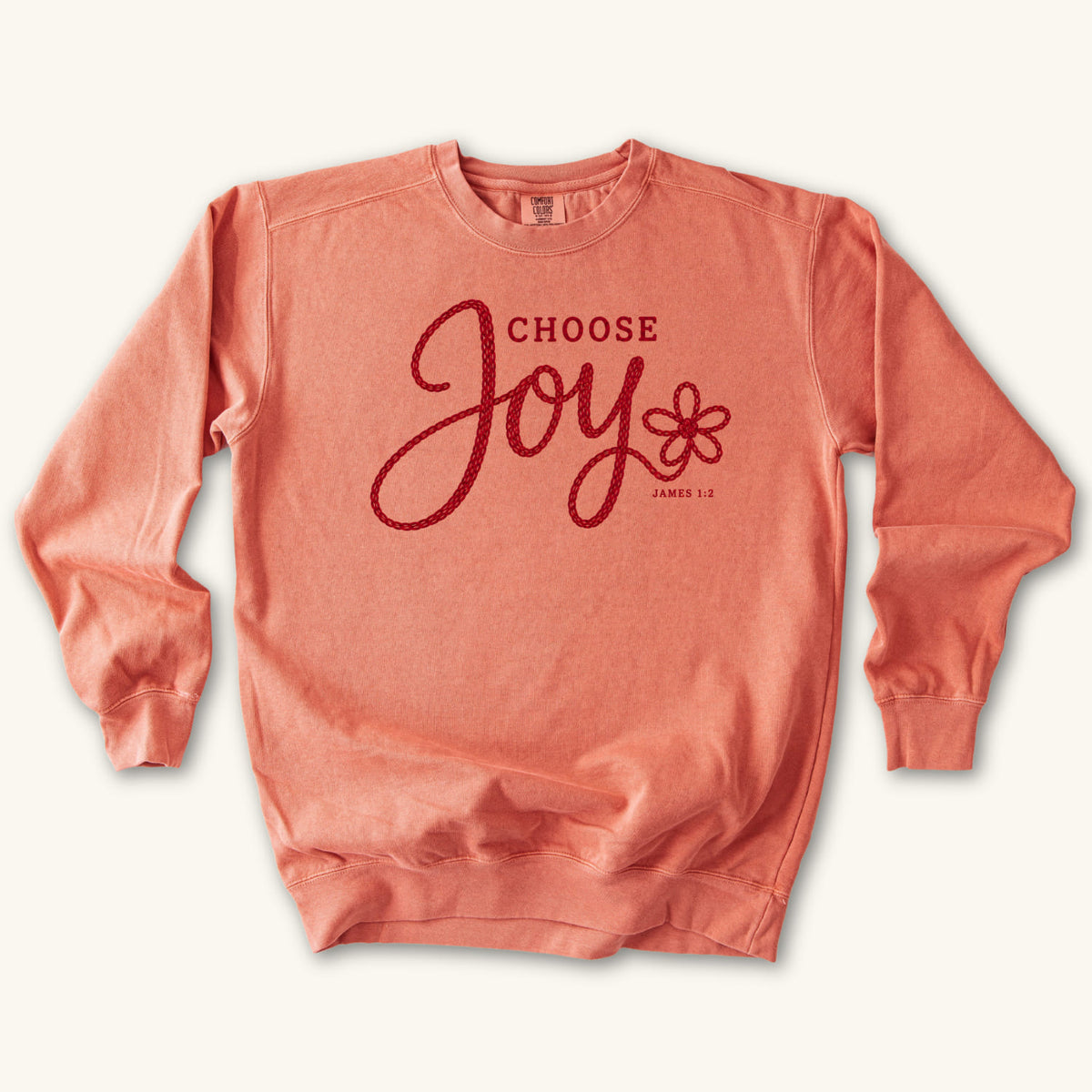 Terracotta Choose Joy Knitted Lettering sweatshirt flat lay mockup, James 1:2 Christian apparel for women