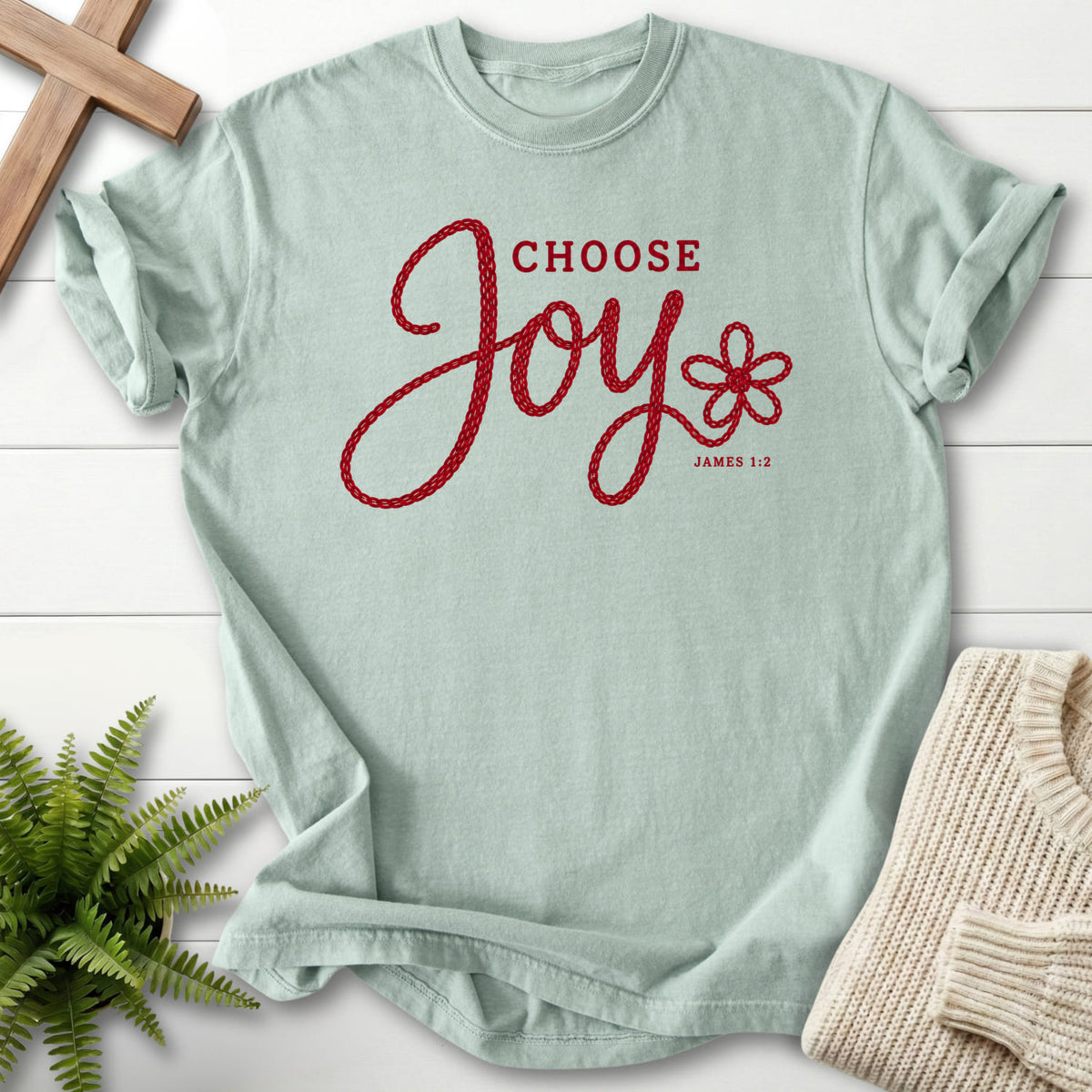 Bay Choose Joy Knitted Lettering T-shirt flat lay mockup, James 1:2 Christian apparel for women