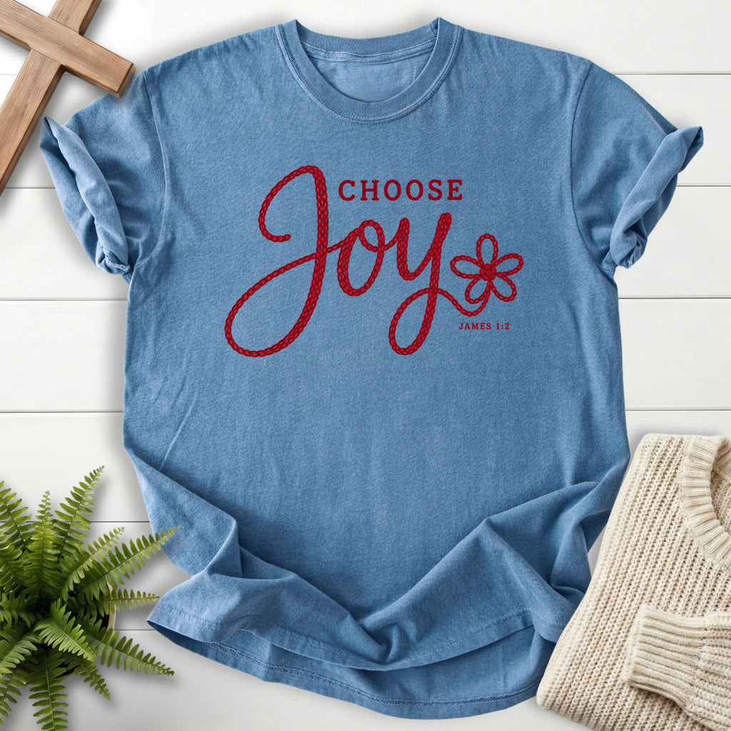 Blue Jean Choose Joy Knitted Lettering T-shirt flat lay mockup, James 1:2 Christian apparel for women