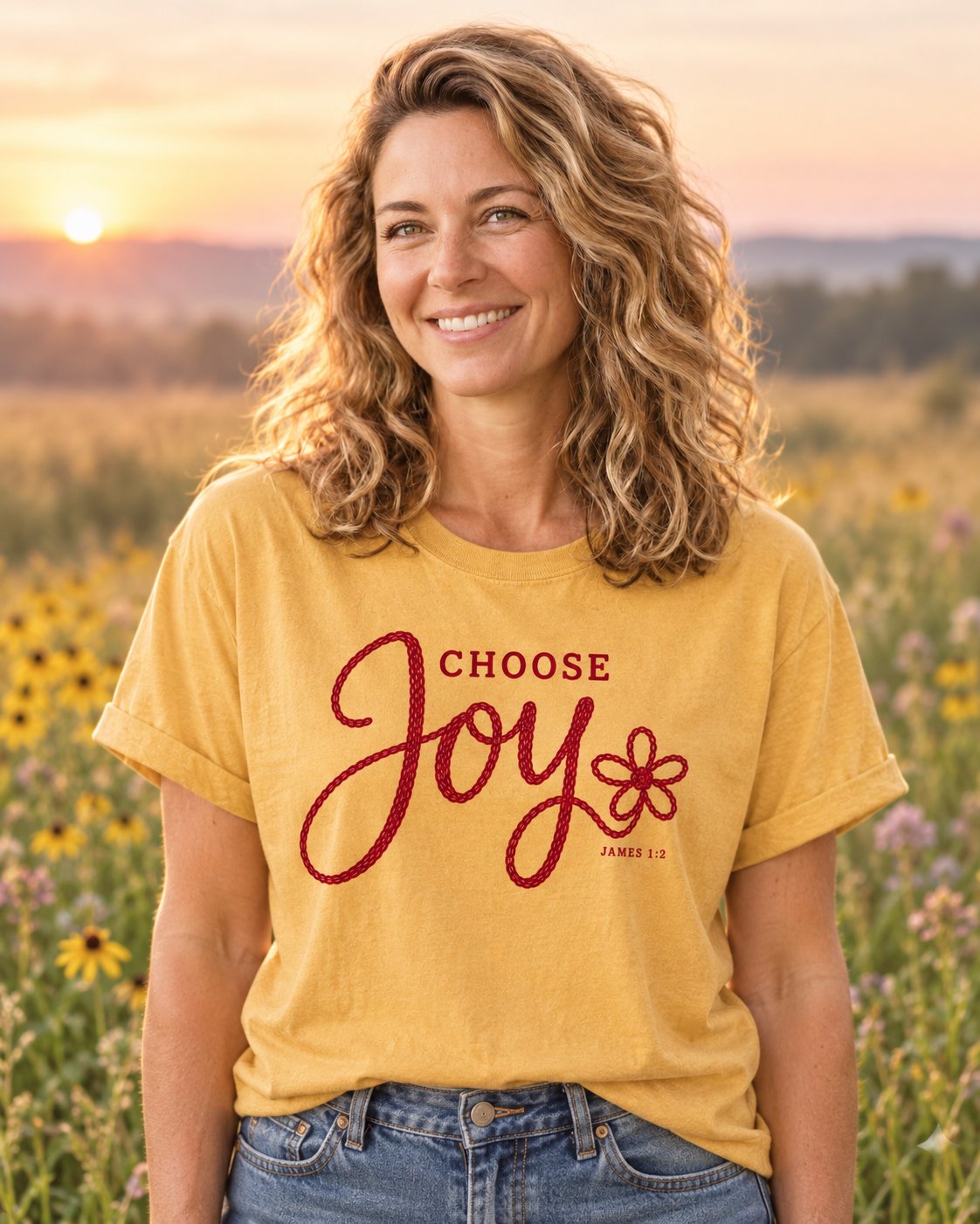 Choose Joy Knitted Lettering, Mustard women's Christian tee, lifestyle photo in wildflower meadow at sunrise, Red knitted style CHOOSE Joy script with a flower, She Wears Faith