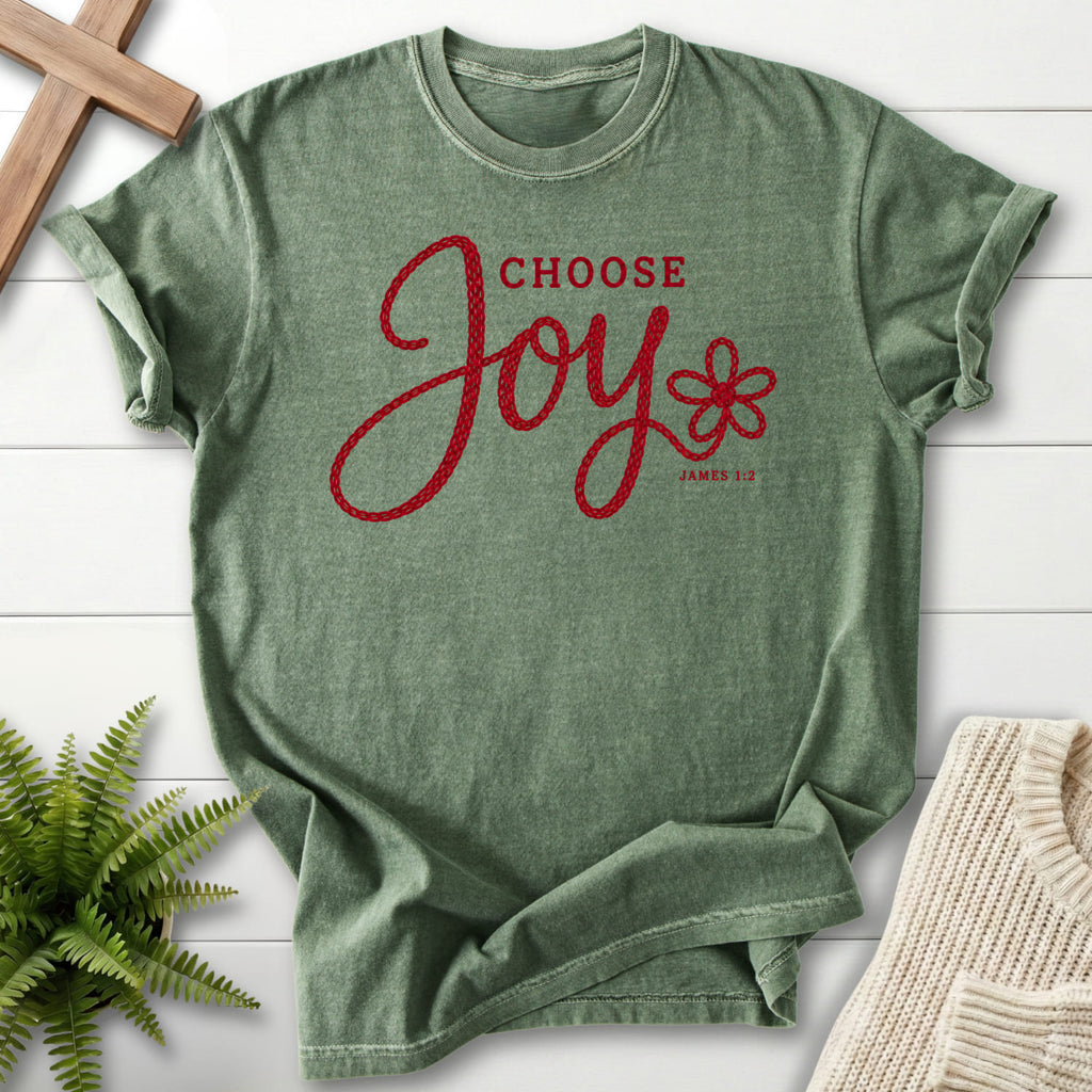 Moss Choose Joy Knitted Lettering T-shirt flat lay mockup, James 1:2 Christian apparel for women