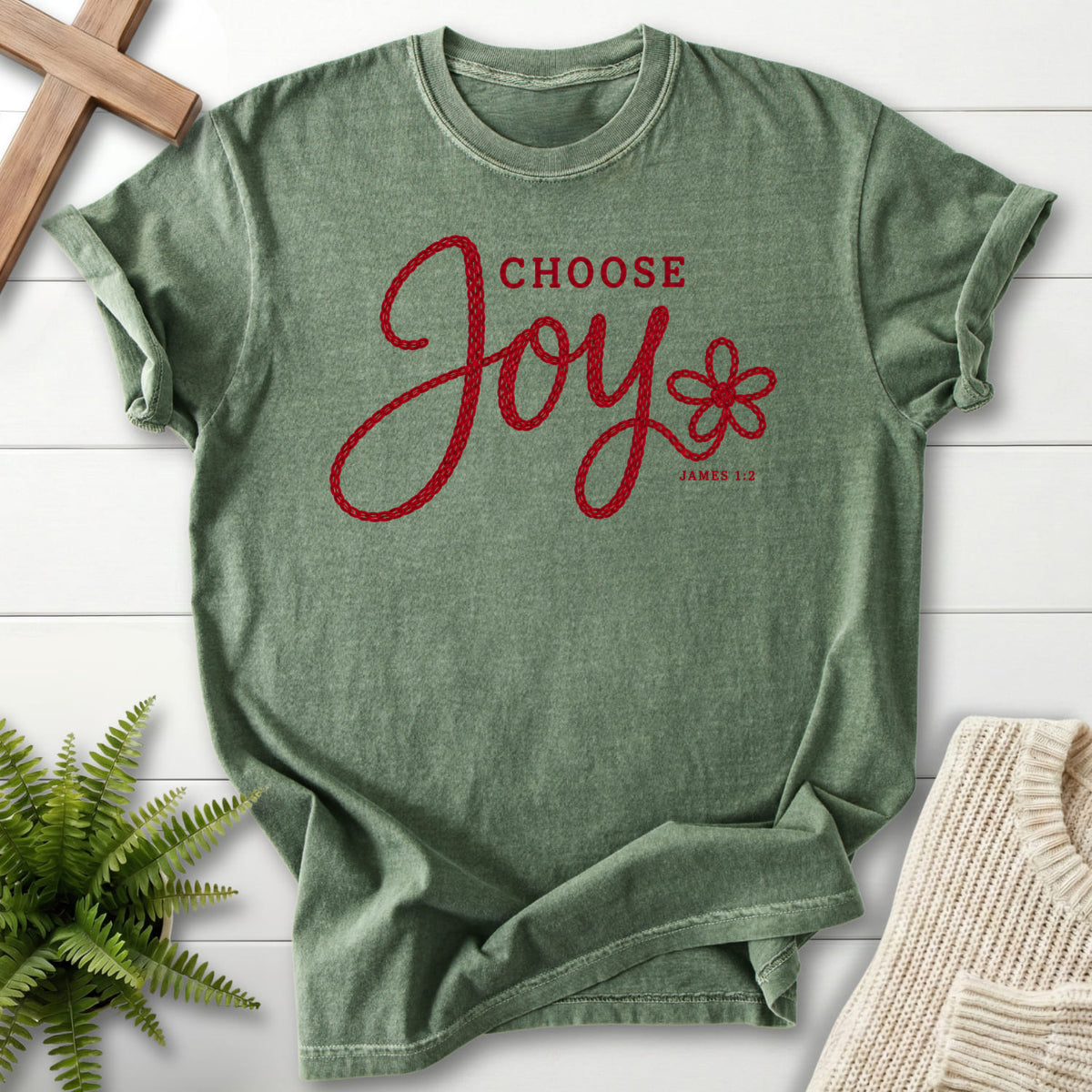 Moss Choose Joy Knitted Lettering T-shirt flat lay mockup, James 1:2 Christian apparel for women