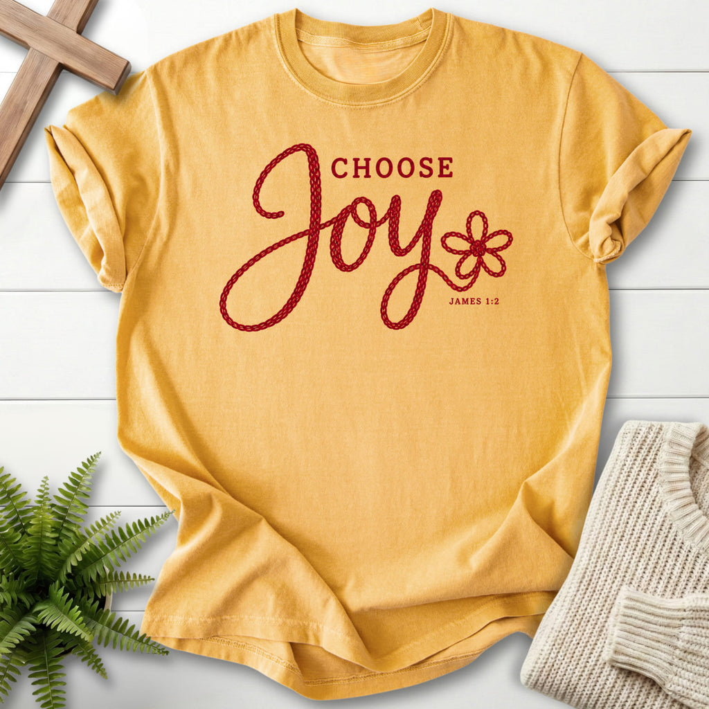 Mustard Choose Joy Knitted Lettering T-shirt flat lay mockup, James 1:2 Christian apparel for women