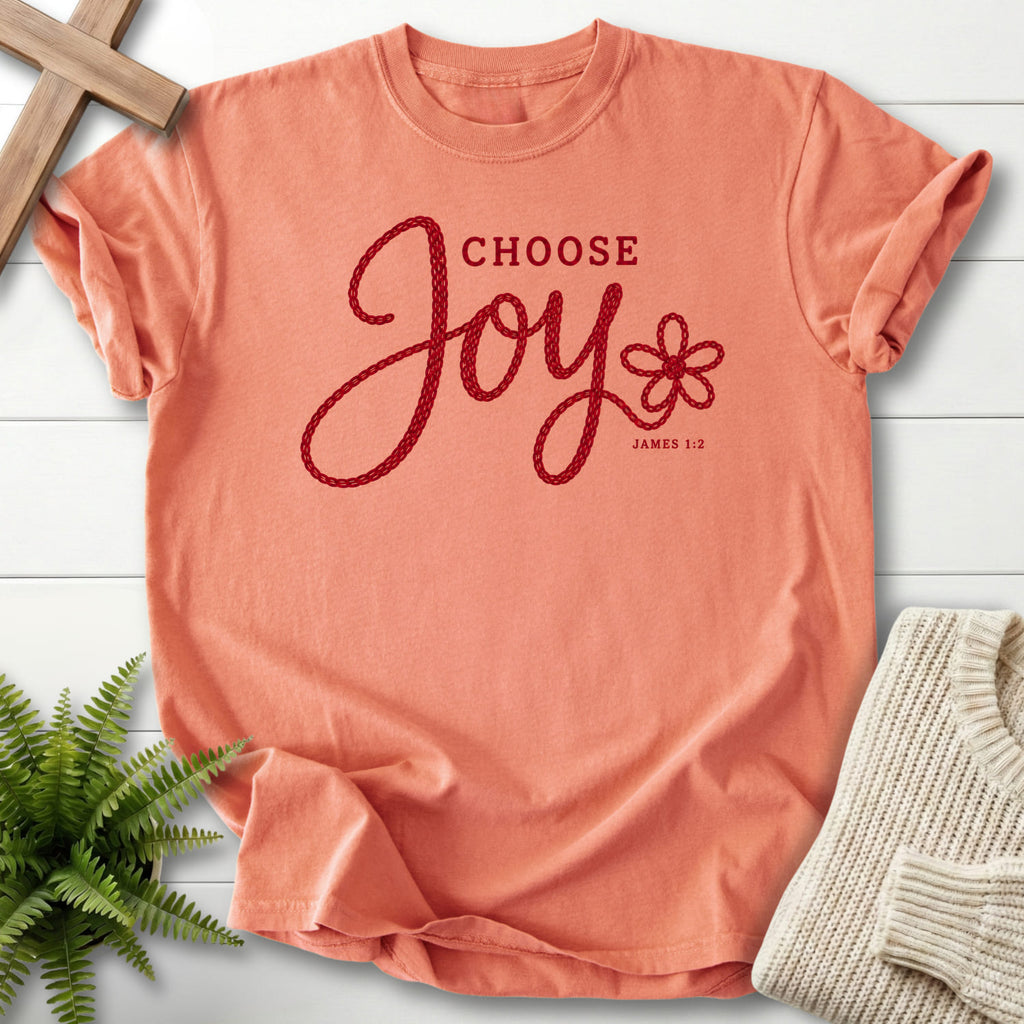 Terracotta Choose Joy Knitted Lettering T-shirt flat lay mockup, James 1:2 Christian apparel for women