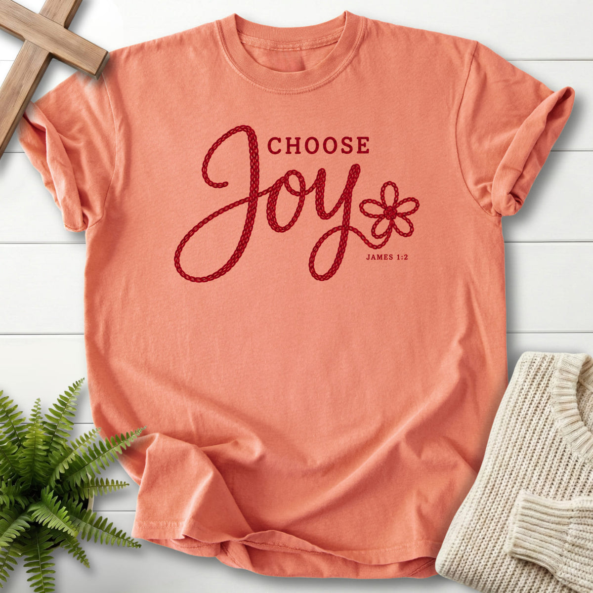Terracotta Choose Joy Knitted Lettering T-shirt flat lay mockup, James 1:2 Christian apparel for women