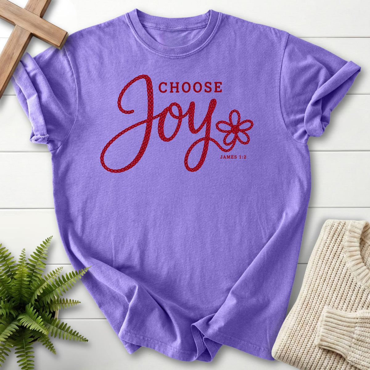 Violet Choose Joy Knitted Lettering T-shirt flat lay mockup, James 1:2 Christian apparel for women