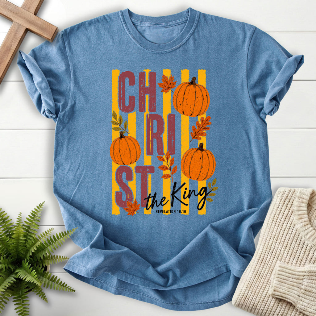 Blue Jean color option for the Christ The King Fall Christian shirt with script typography with "Christ The King Fall T-Shirt" Revelation 1:16.