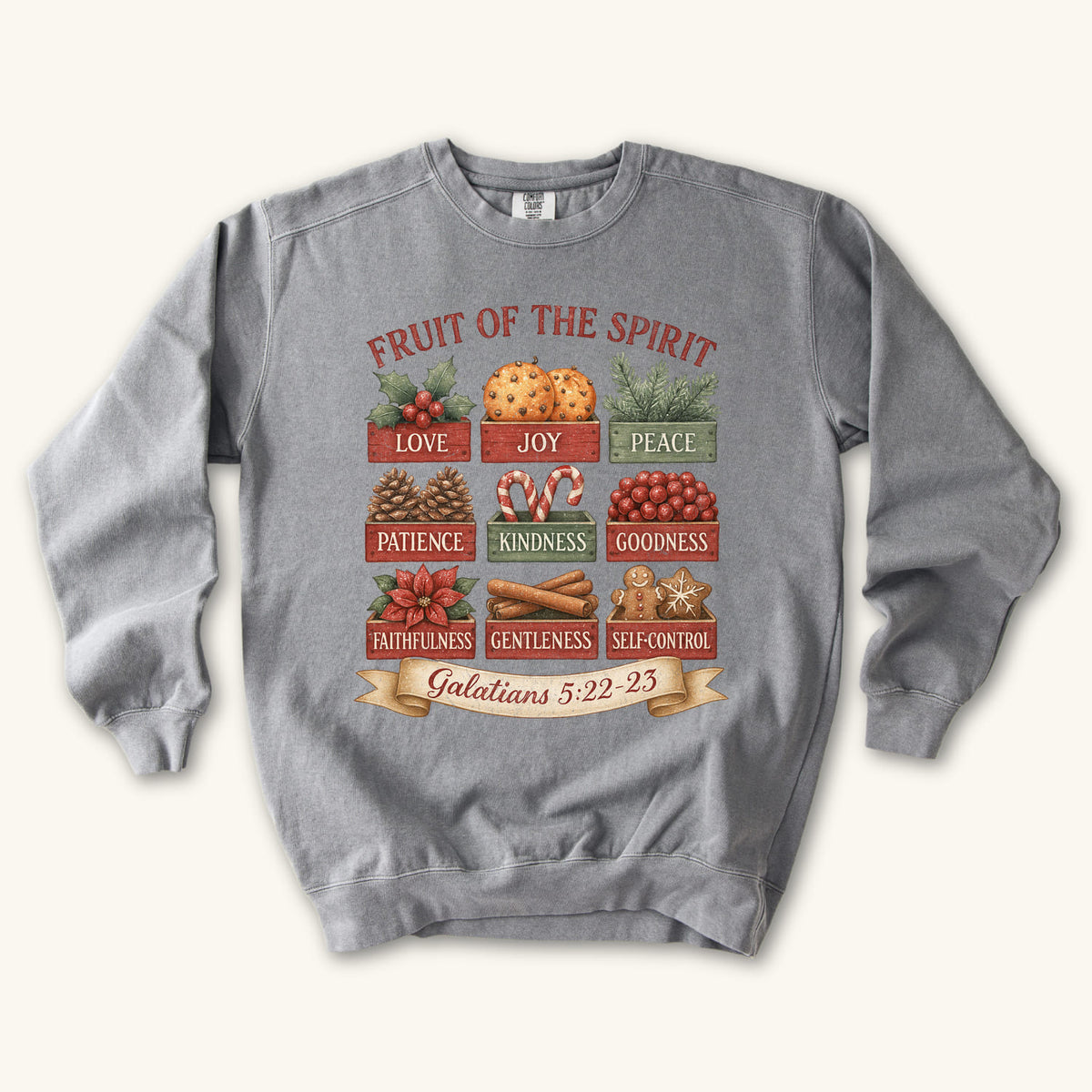 Grey Christmas Christian sweatshirt with nine vintage crates of holly, oranges, pine, pinecones, candy canes, berries, poinsettia, cinnamon and gingerbread labeled with the fruit of the spirit