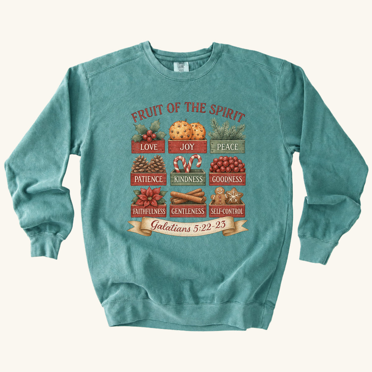 Seafoam Christmas Christian sweatshirt with nine vintage crates of holly, oranges, pine, pinecones, candy canes, berries, poinsettia, cinnamon and gingerbread labeled with the fruit of the spirit