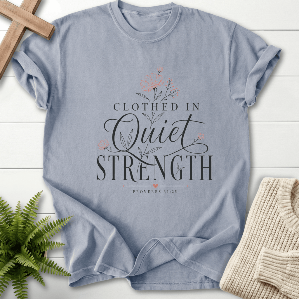 Clothed in Quiet Strength Proverbs 31 T-Shirt in Granite | She Wears Faith