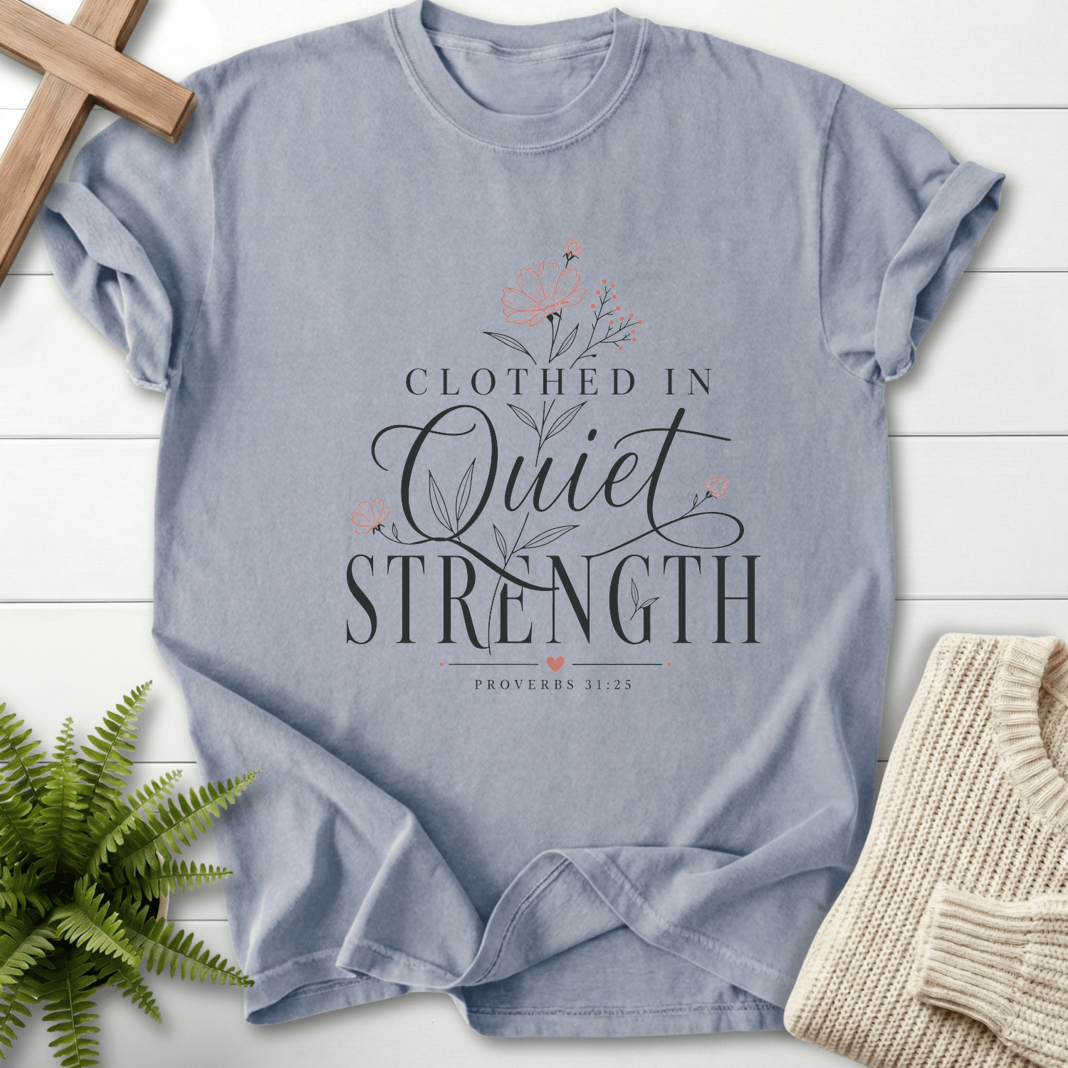Clothed in Quiet Strength Proverbs 31 T-Shirt in Granite | She Wears Faith