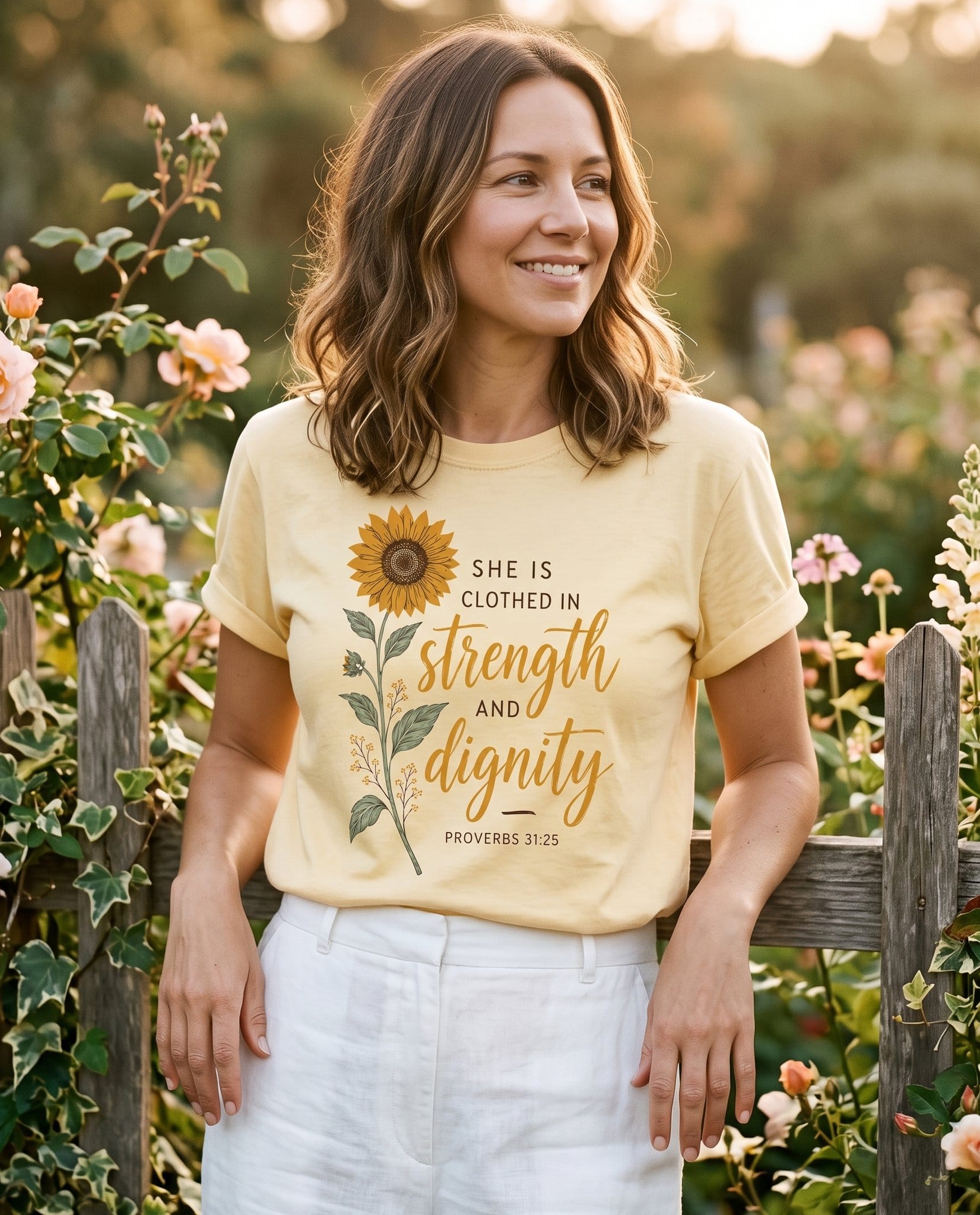 Clothed in Strength and Dignity Prov 31:25 – Banana women's Christian tee, lifestyle photo in outdoor garden – A mustard-yellow sunflower illustration beside the line SHE IS CLOTHED – Proverbs 31:25 – She Wears Faith