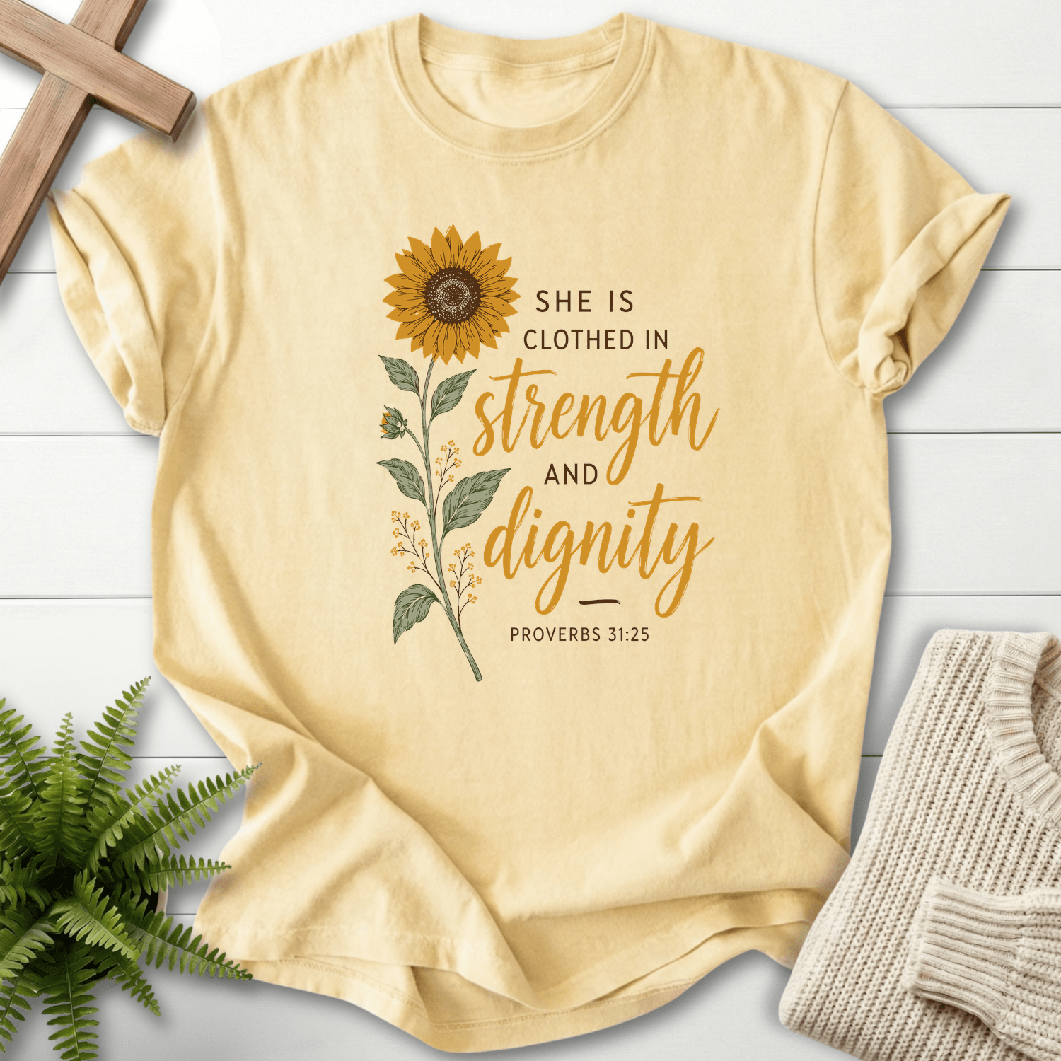Clothed in Strength and Dignity Prov 31 25 T-Shirt in Banana | She Wears Faith